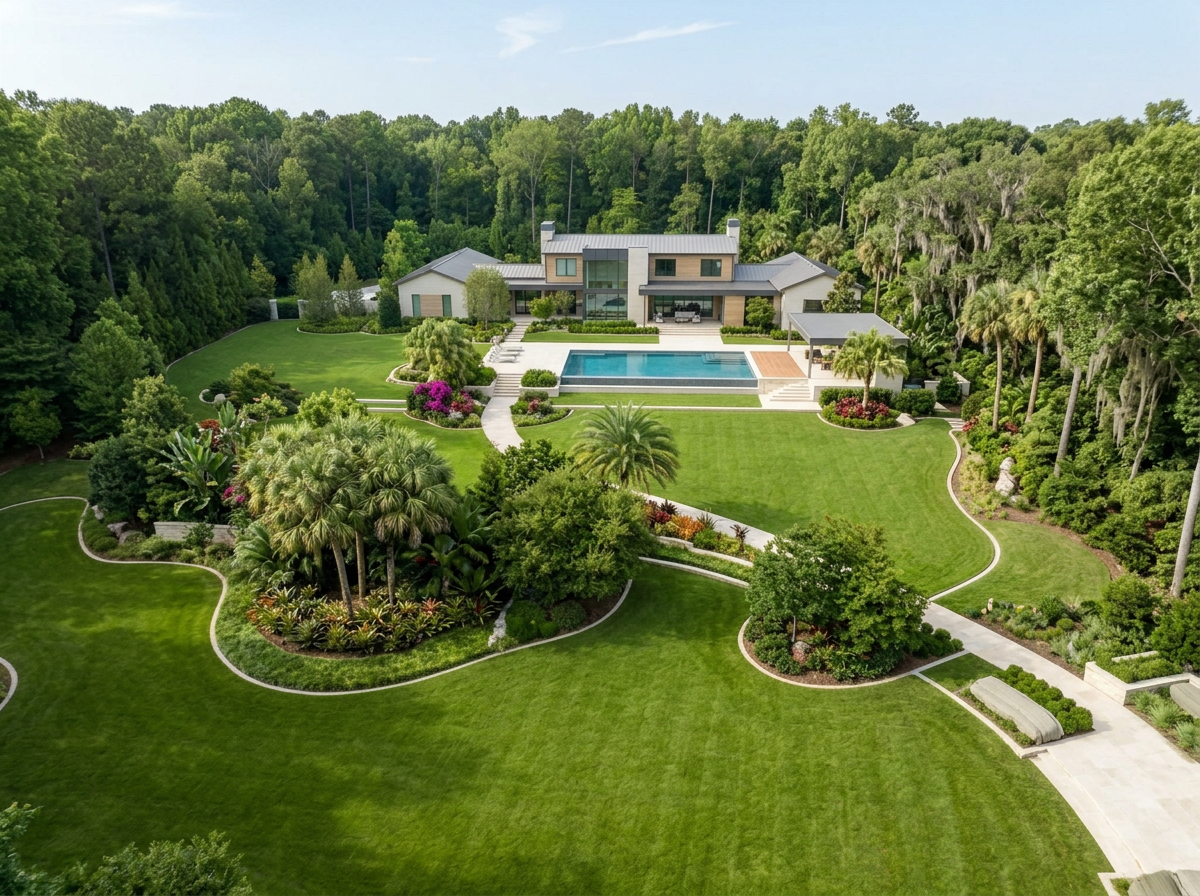 A large modern house with a backyard featuring a swimming pool, lush green lawn, landscaped gardens, and surrounding trees.