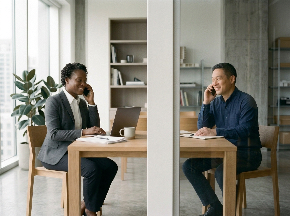 A split image showing two people on separate sides of a glass wall, each in their own office space, both talking on phones and smiling.