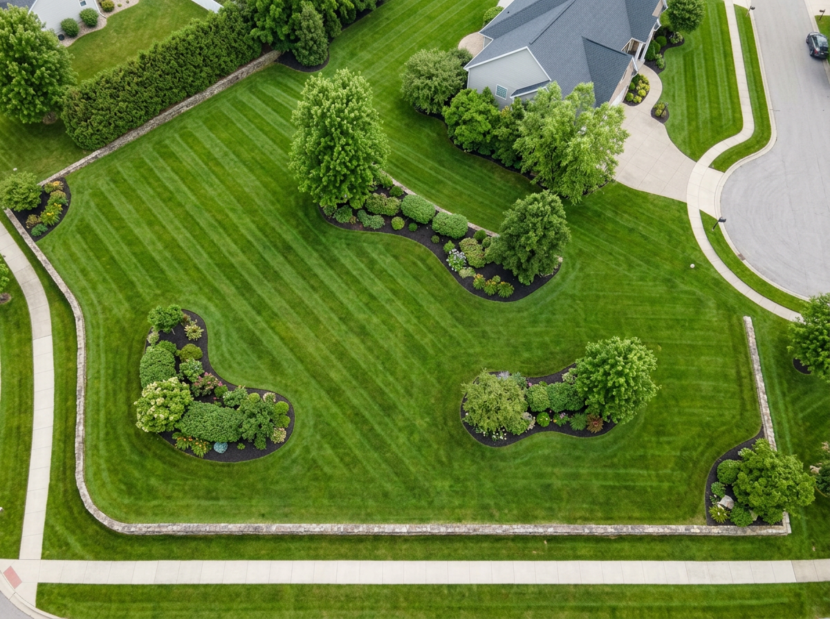 An aerial view of a well-maintained backyard with green grass, trees, and landscaped flower beds surrounding a house with a gray roof. There is a curved sidewalk and driveway, with a small lamp post near the sidewalk.