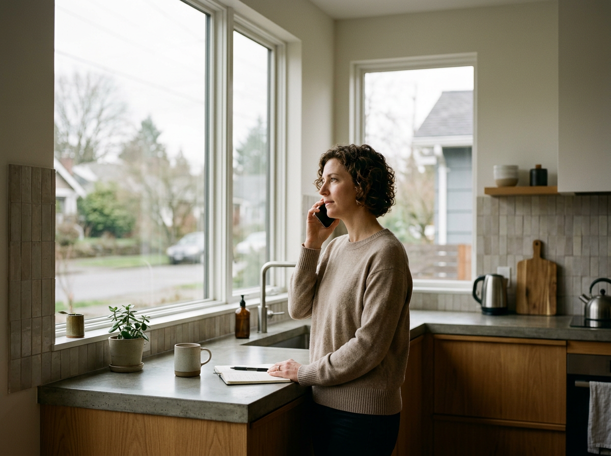 A woman in a beige sweater talking on her cellphone while standing in a kitchen near a window. There is a notebook and pen on the counter, along with a potted plant, mug, and soap dispenser. The kitchen has wooden cabinets and various appliances.