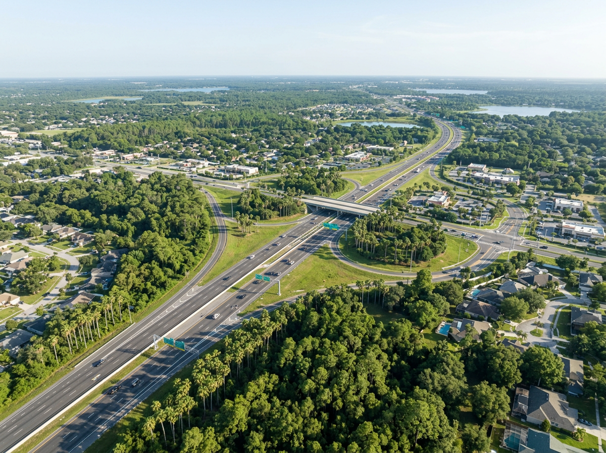 Aerial view of a highway interchange in a suburban area with residential neighborhoods, commercial buildings, and green forests, lakes in the distance under a clear sky.