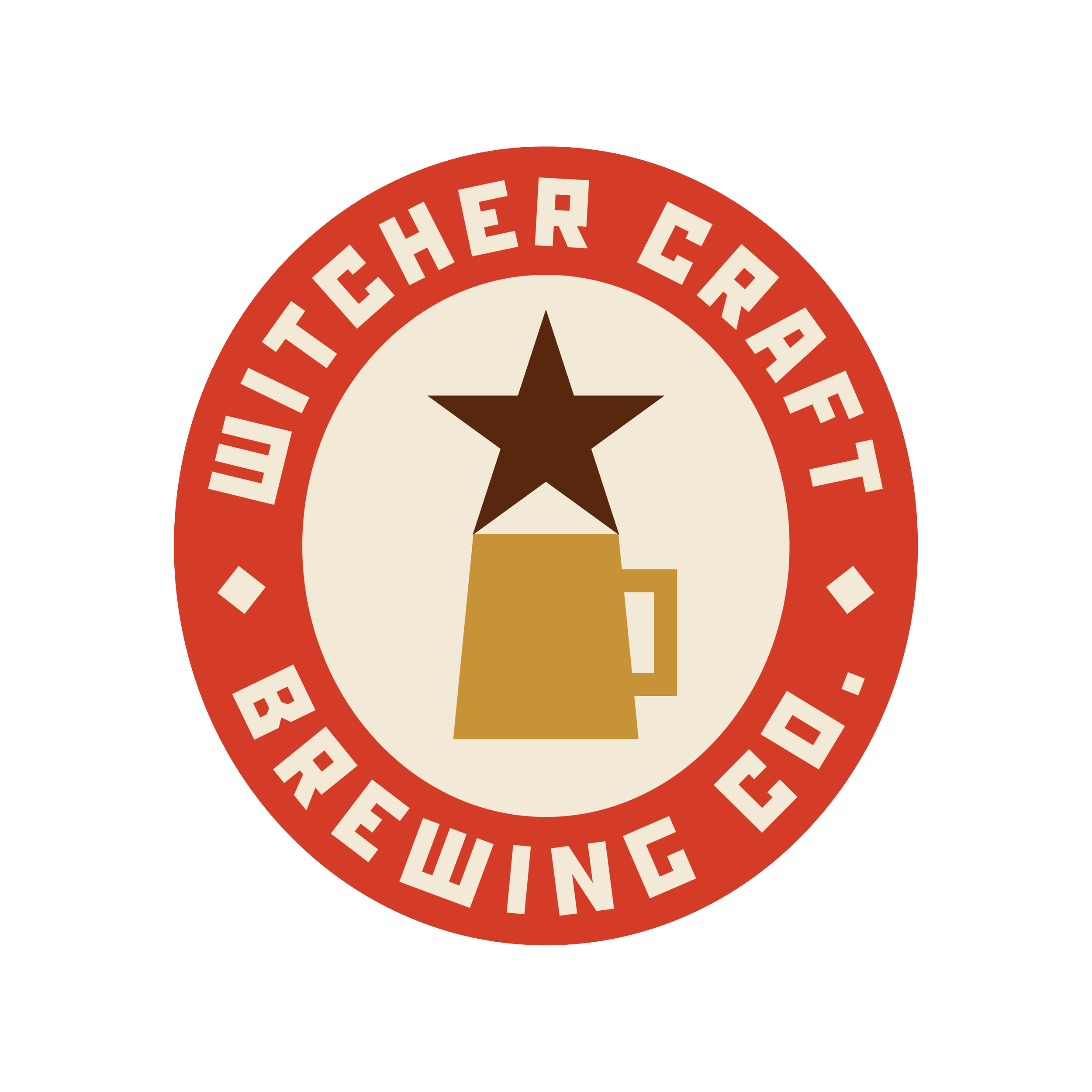 Logo for 'Witacher Craft Brewing Co.', featuring a black star above a gold beer mug with a handle, inside a red circle with beige text around the edge.