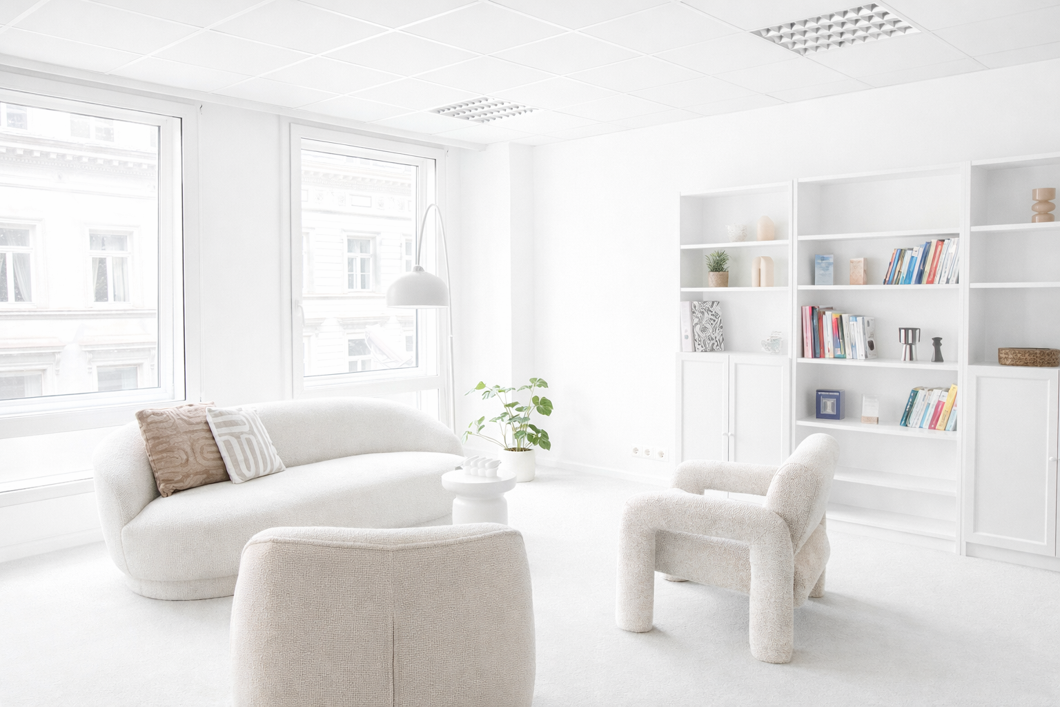 Salon blanc lumineux avec canapé, fauteuil et étagères remplies de livres, plantes et décorations