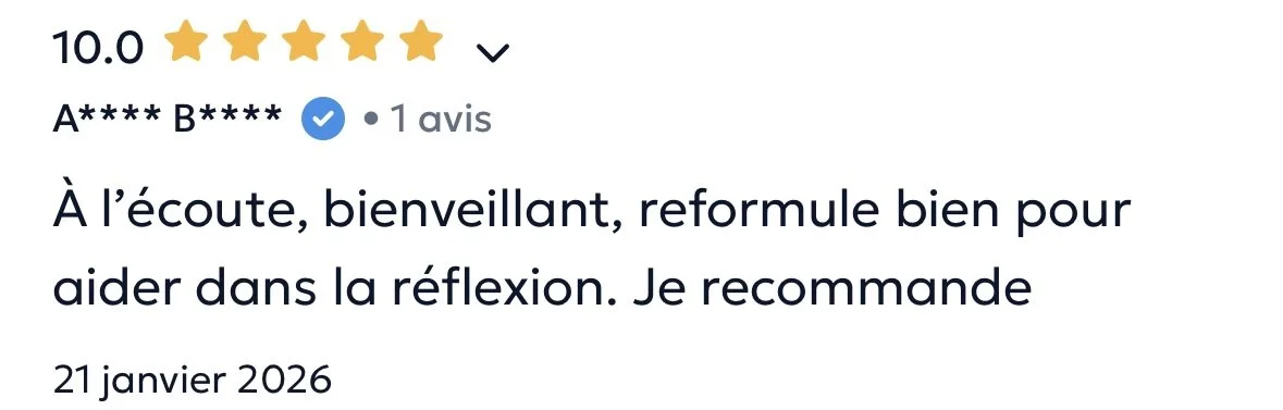 Avis positif en français, date du 21 janvier 2026, commentant une reformulation bienveillante et réconfortante pour aider dans la réflexion.