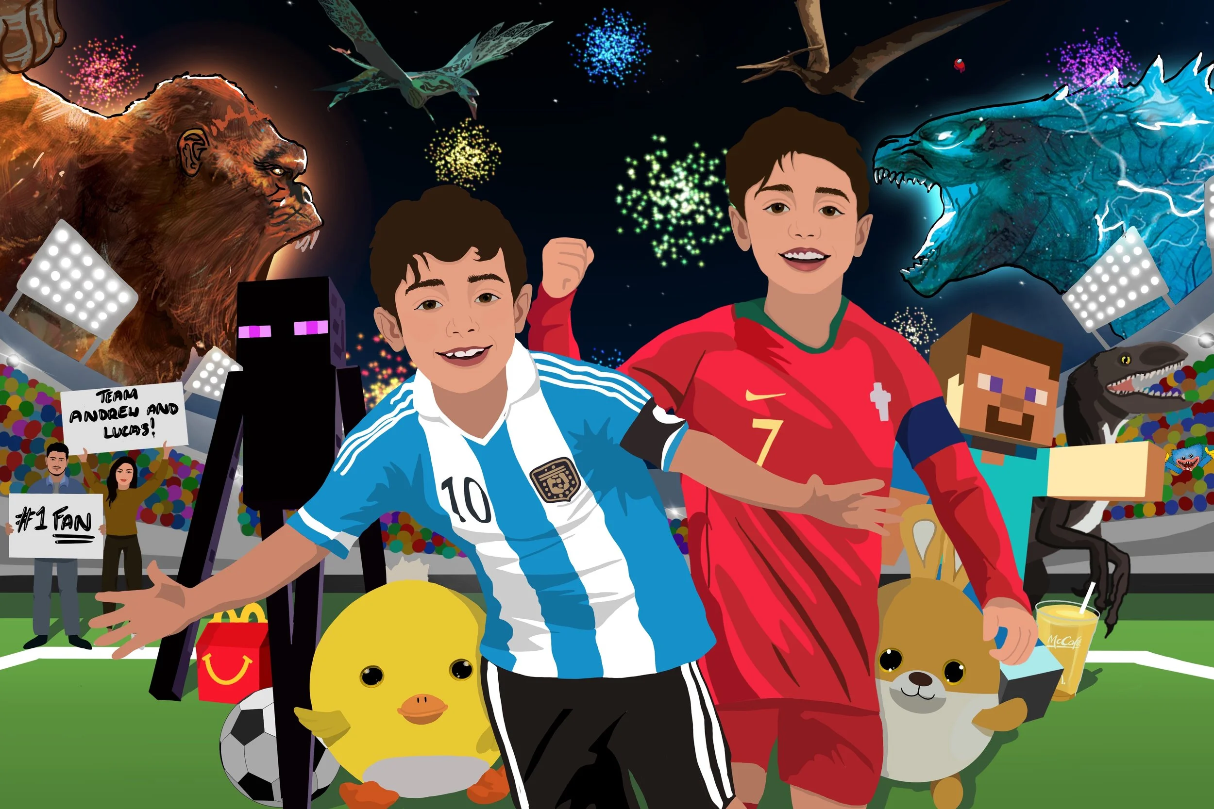 Personalized illustrated poster depicting my cousins alongside visual elements inspired by their favourite things.