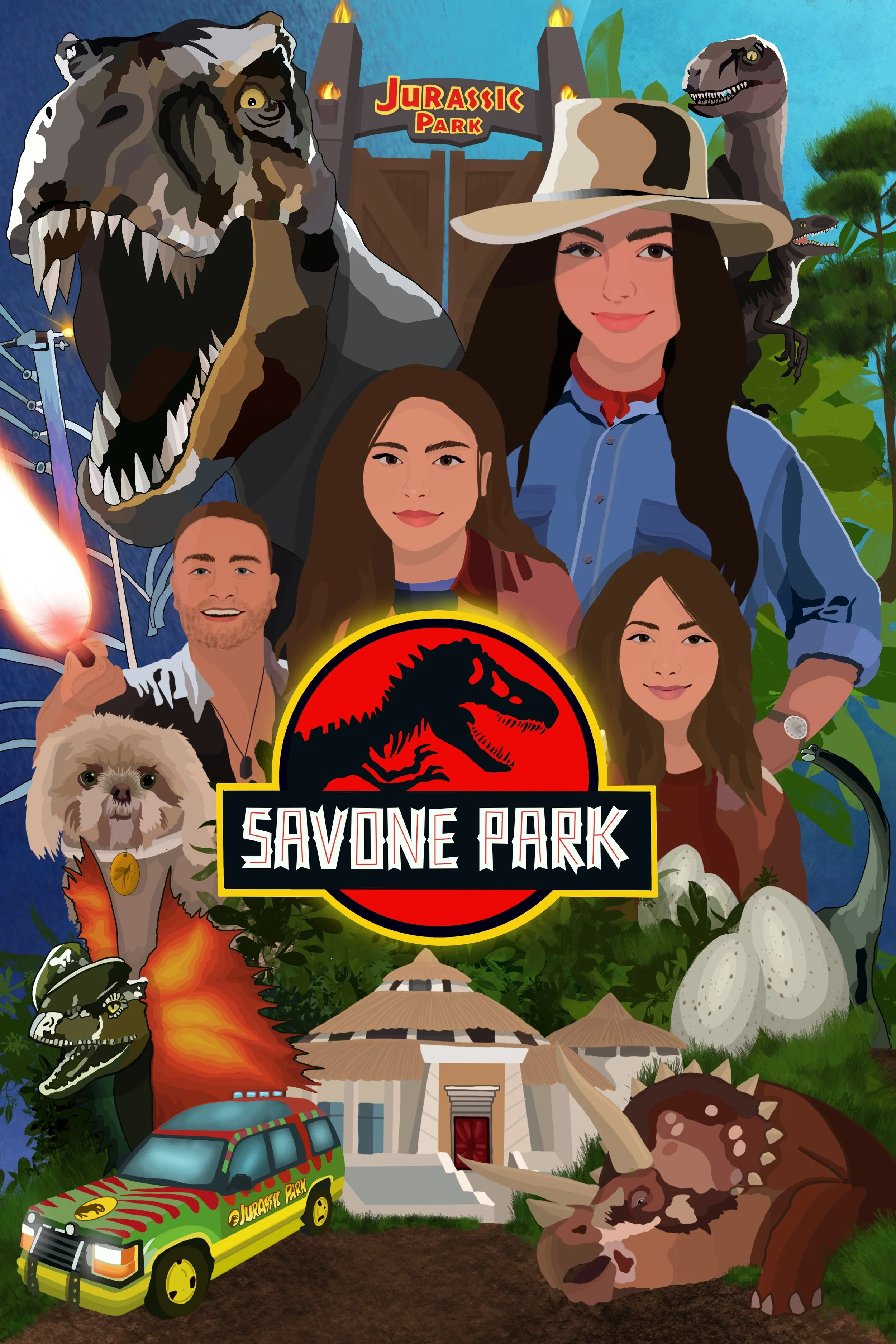 Illustrated parody poster reimagining Jurassic Park with custom characters and hand-drawn details.