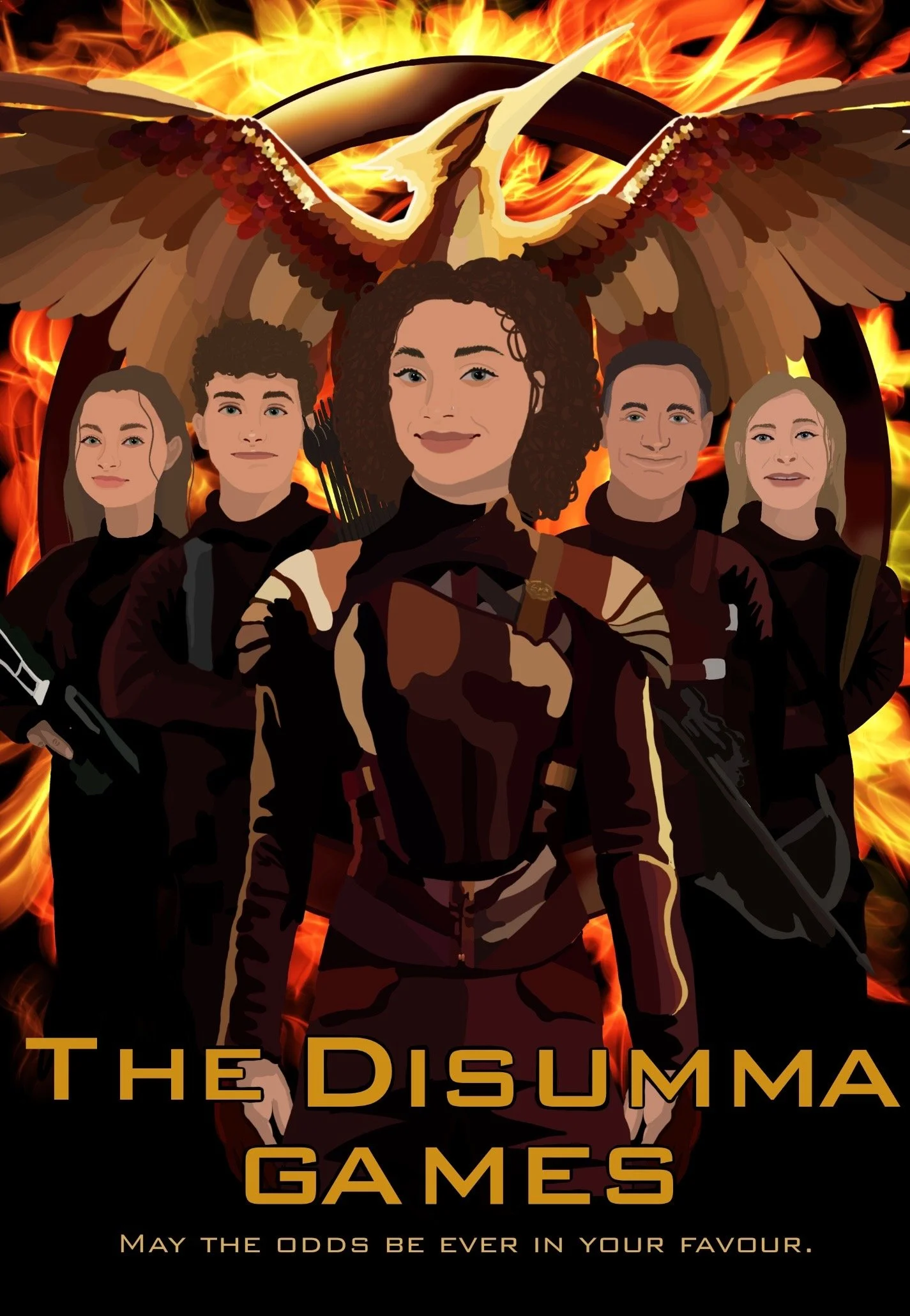 Parody movie poster inspired by The Hunger Games, combining portrait illustration with cinematic iconography.