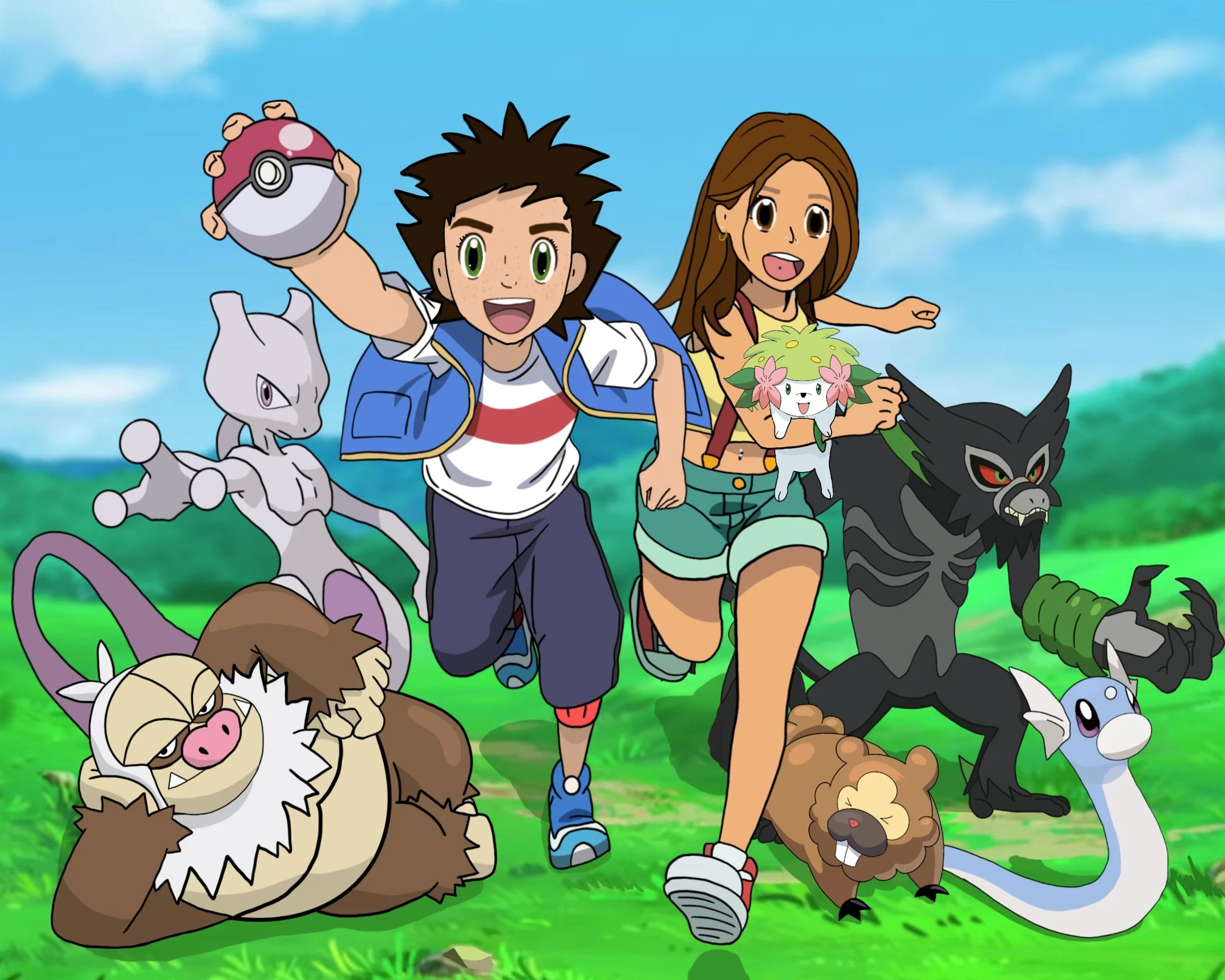 Custom illustrated poster reimagining a couple as Pokémon-inspired characters.