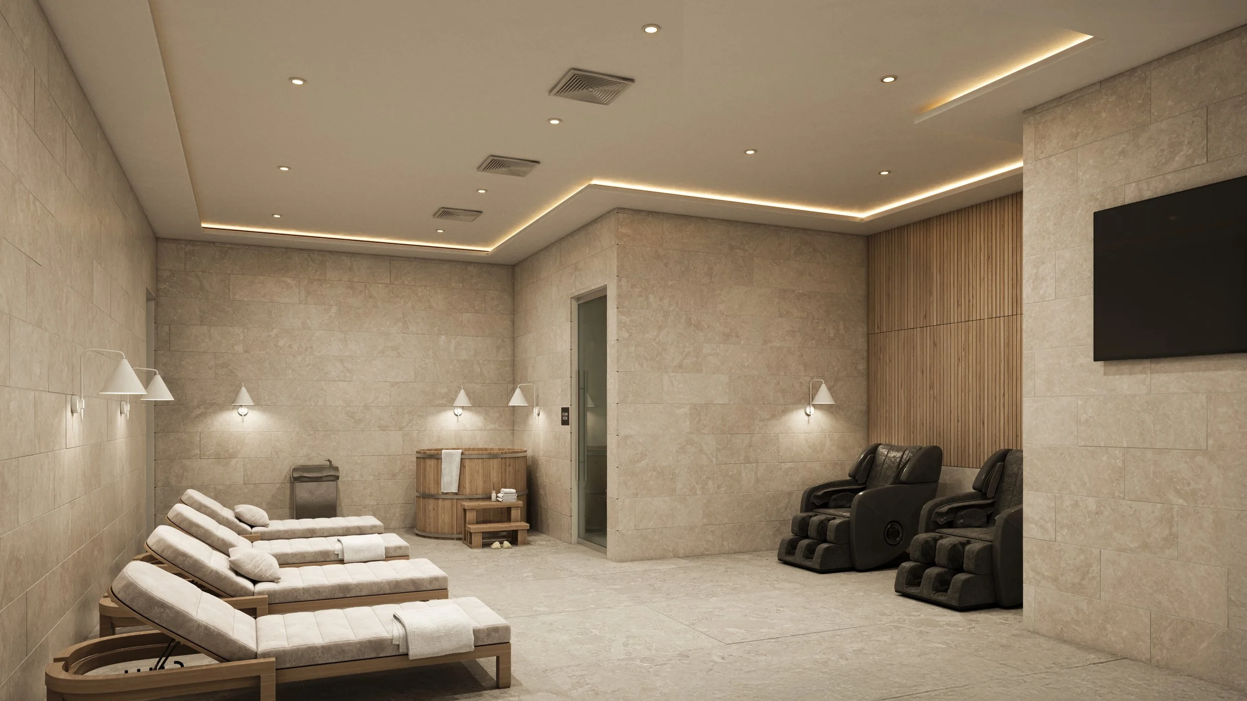 Spa/treatment room with changing rooms & massage chairs