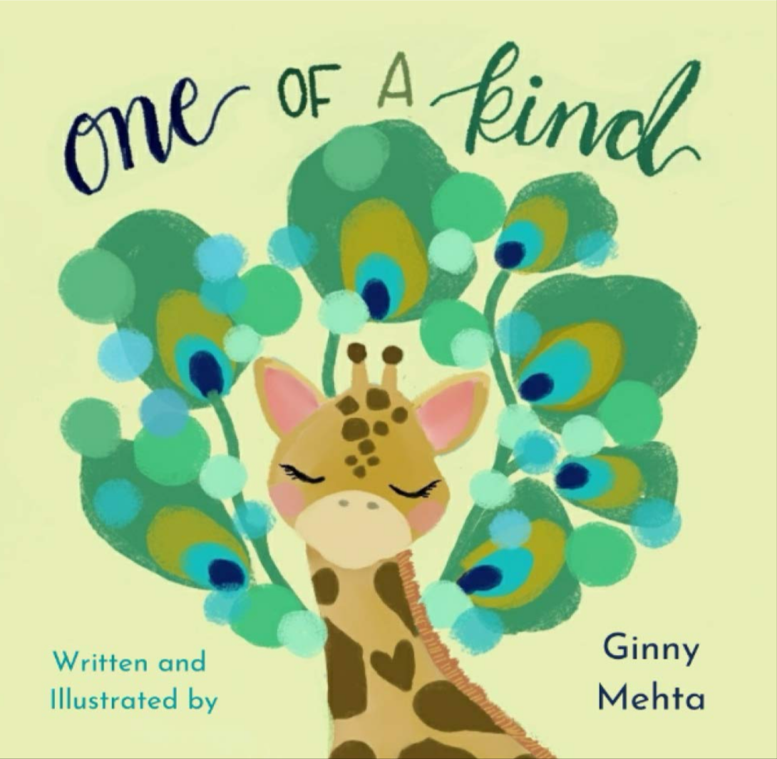 Cover of a children's book titled 'One of a Kind' by Ginny Mehta, with an illustration of a cute, sleepy giraffe under a peacock feathered tree.