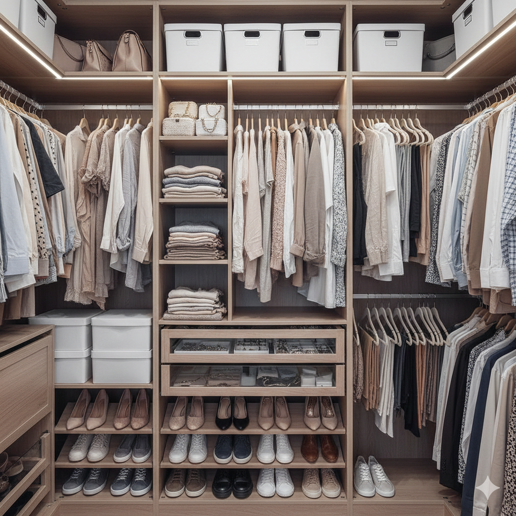 Organized walk-in closet with shelves of folded clothes, hanging neutral-toned shirts, pants, and jackets, and shoe storage with sneakers, heels, and boots.
