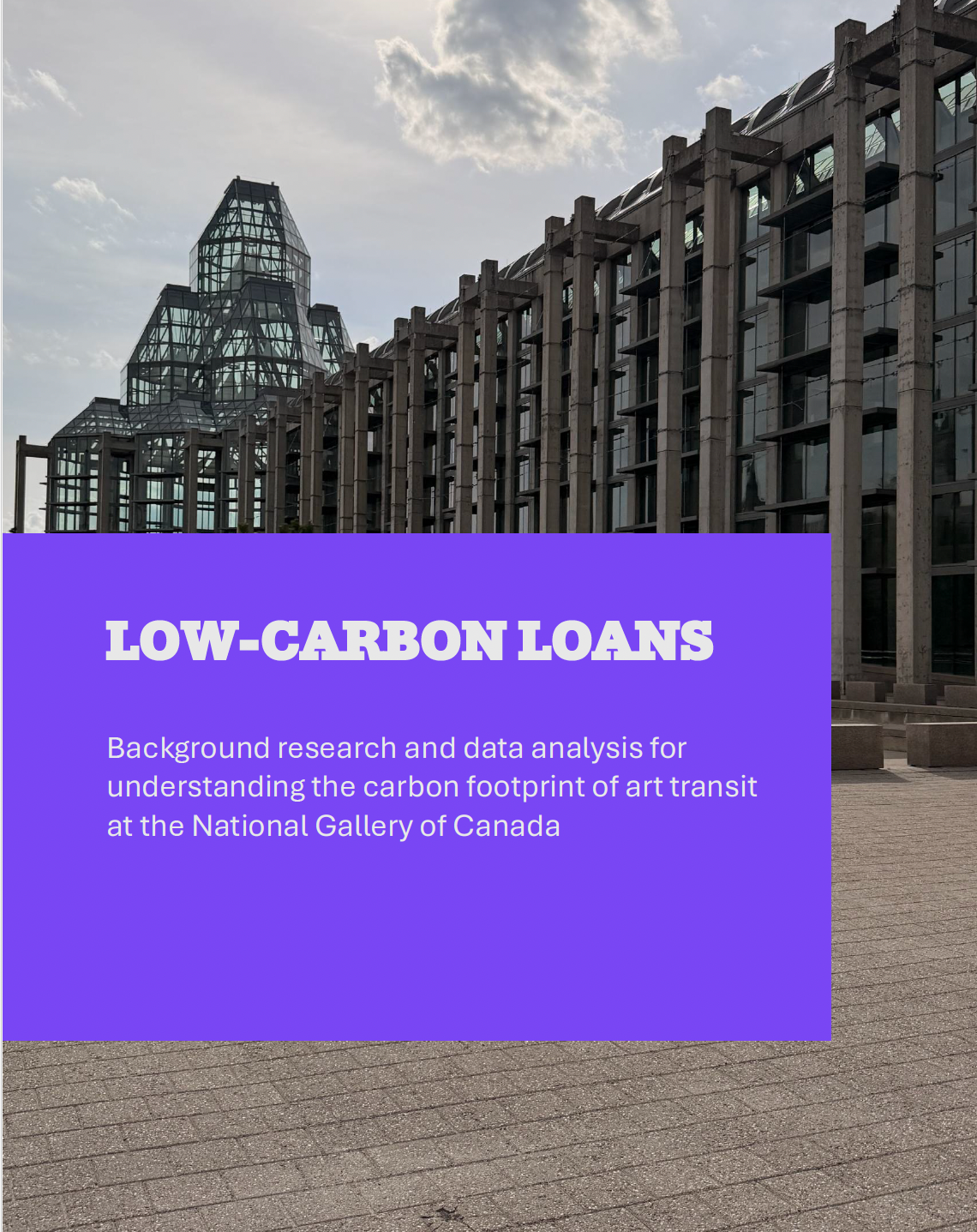 Modern building with glass and concrete architecture, with a purple overlay containing text about low-carbon loans and research at the National Gallery of Canada.