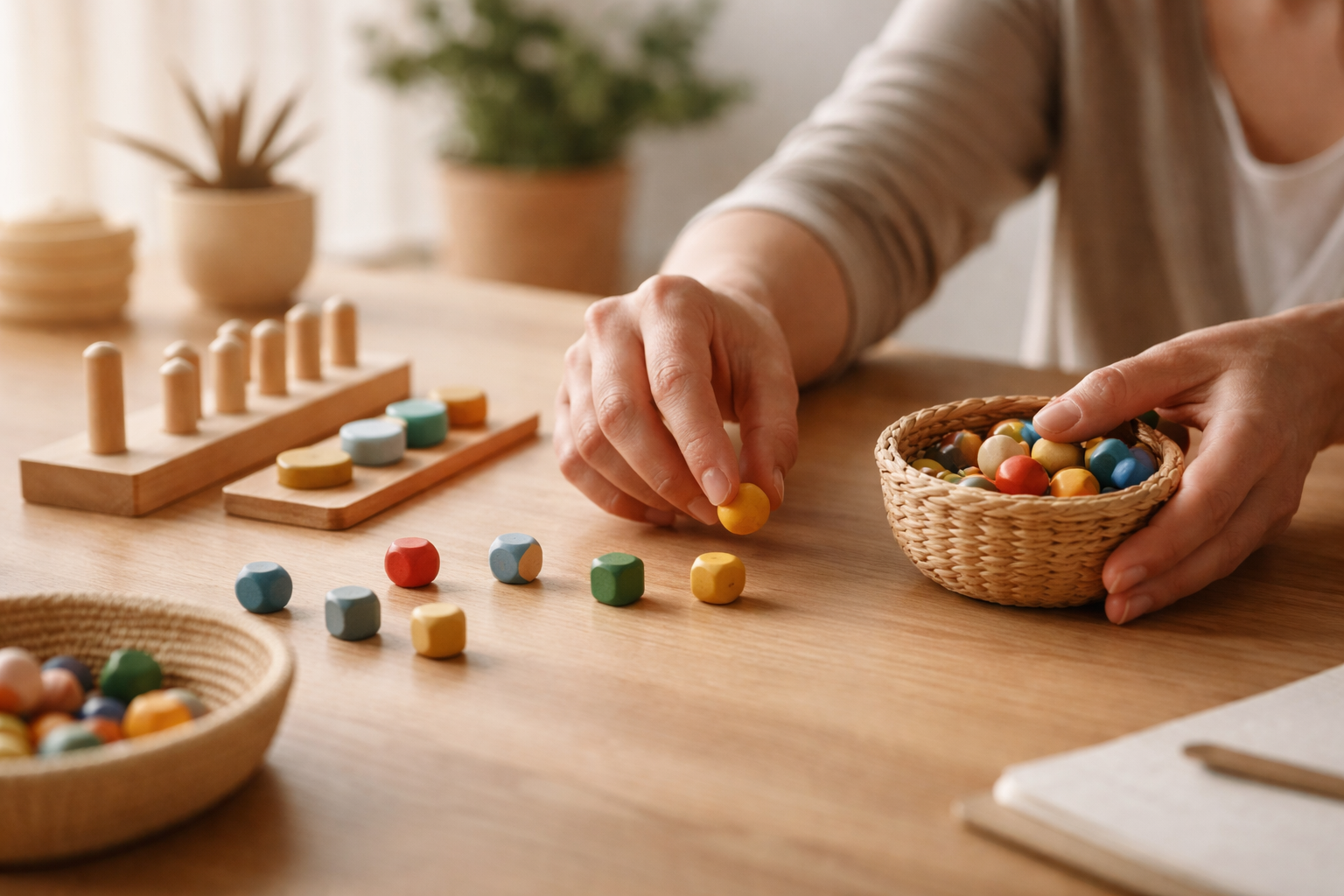 Person trainiert mit bunten Holzperlen und Würfeln auf einem Tisch die Feinmotorik der Hände, im Hintergrund Pflanzen.