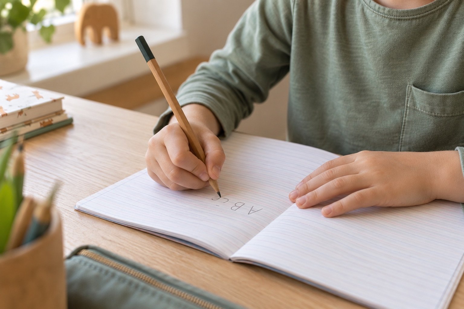 Nahaufnahme eines Kindes, das mit einem Bleistift Buchstaben in ein liniertes Heft schreibt.