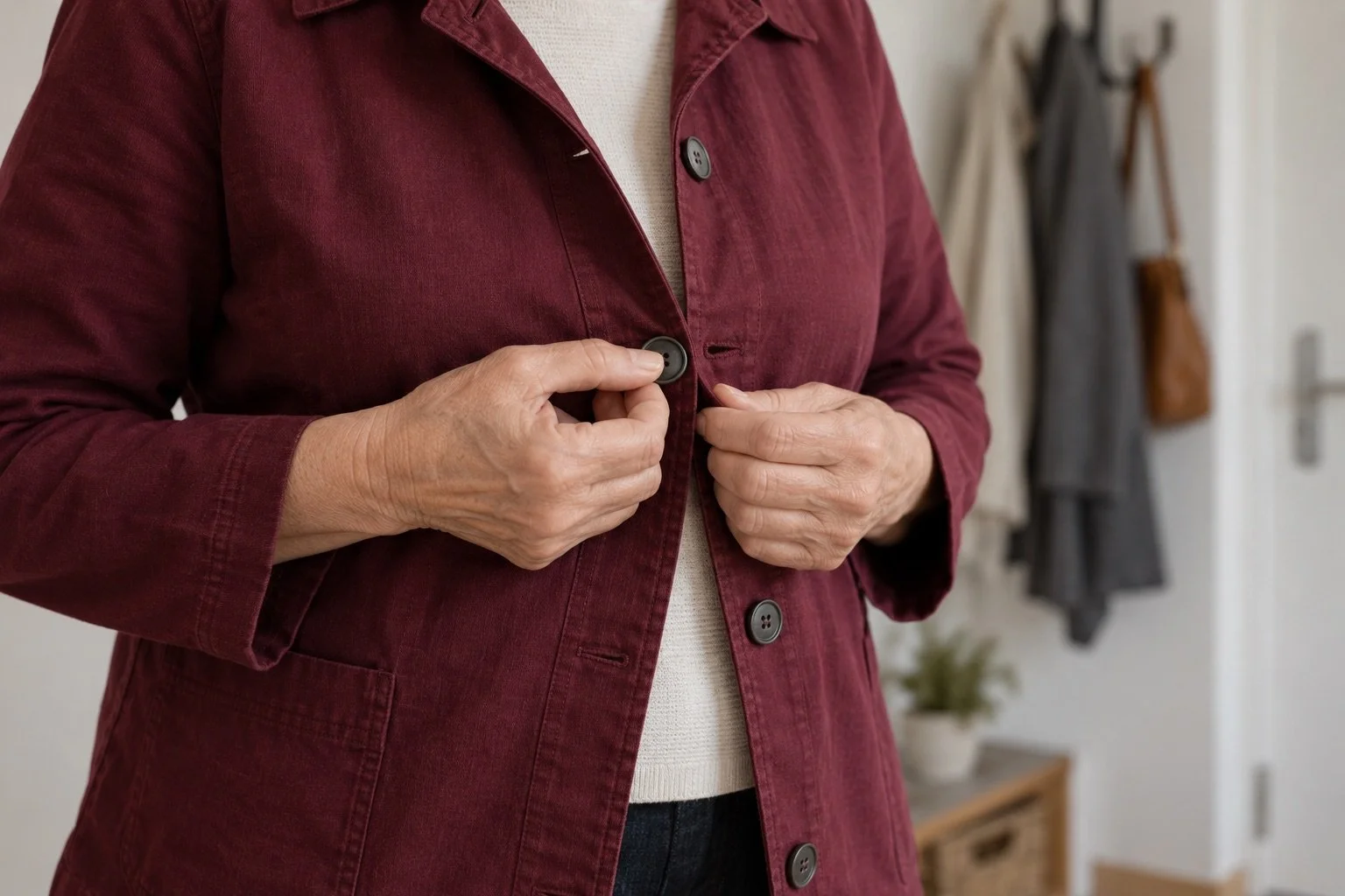 Nahaufnahme der Hände einer älteren Person beim Zuknöpfen einer burgunderroten Jacke.