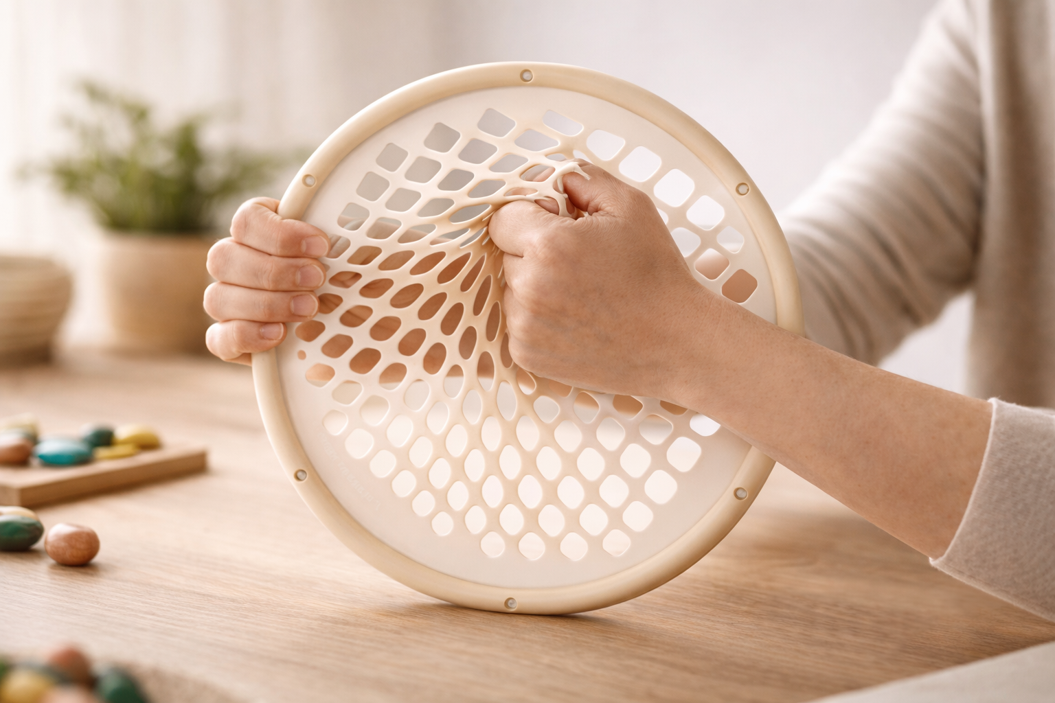 Person greift in ein runden, weißen PowerWeb zum Training von Handmuskulatur.