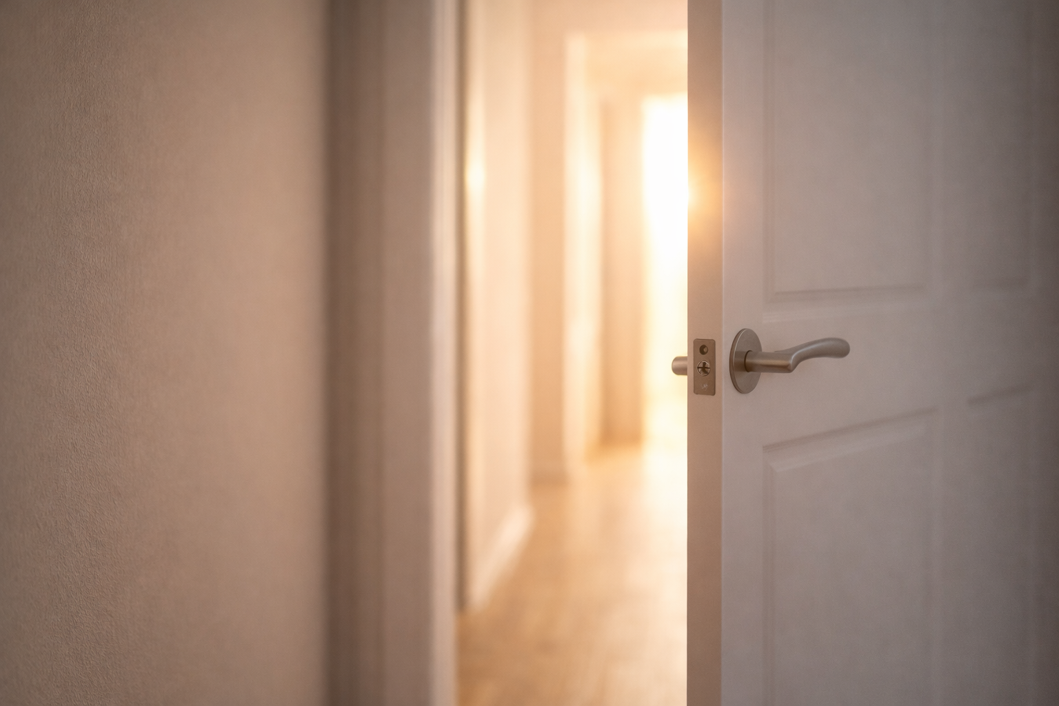 Eine halb geöffnete Tür, durch die ein gut beleuchteter Raum mit Holzboden sichtbar ist, während Sonnenlicht hineinströmt.