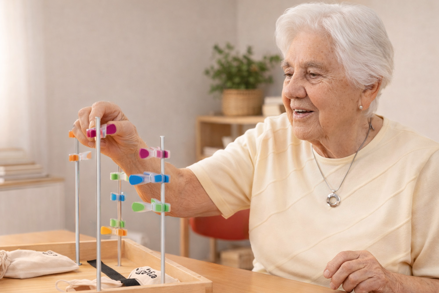 Eine ältere Frau spielt mit einem farbenfrohen Tangram-Puzzle aus Kunststoff auf einem Holztisch in einem hellen Raum.