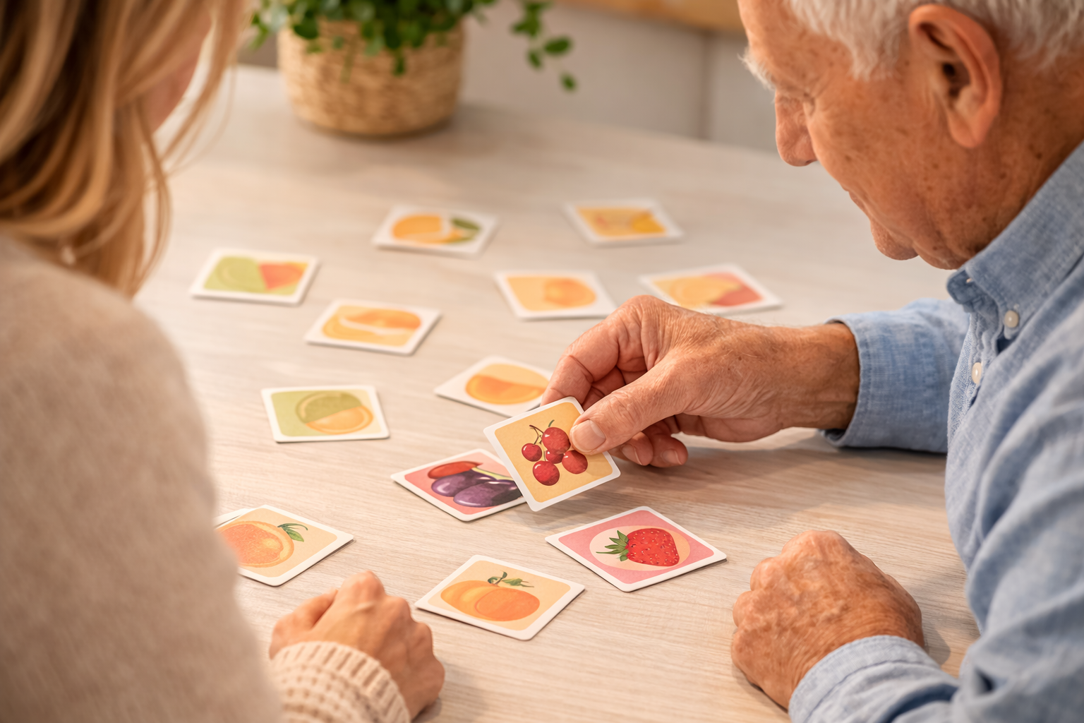 Zwei Personen trainieren mit einem Memory-Spiel auf einem Tisch das Gedächtnis. Auf den Karten sind Bilder von Obst, darunter Kirschen, Erdbeere und Pflaume.
