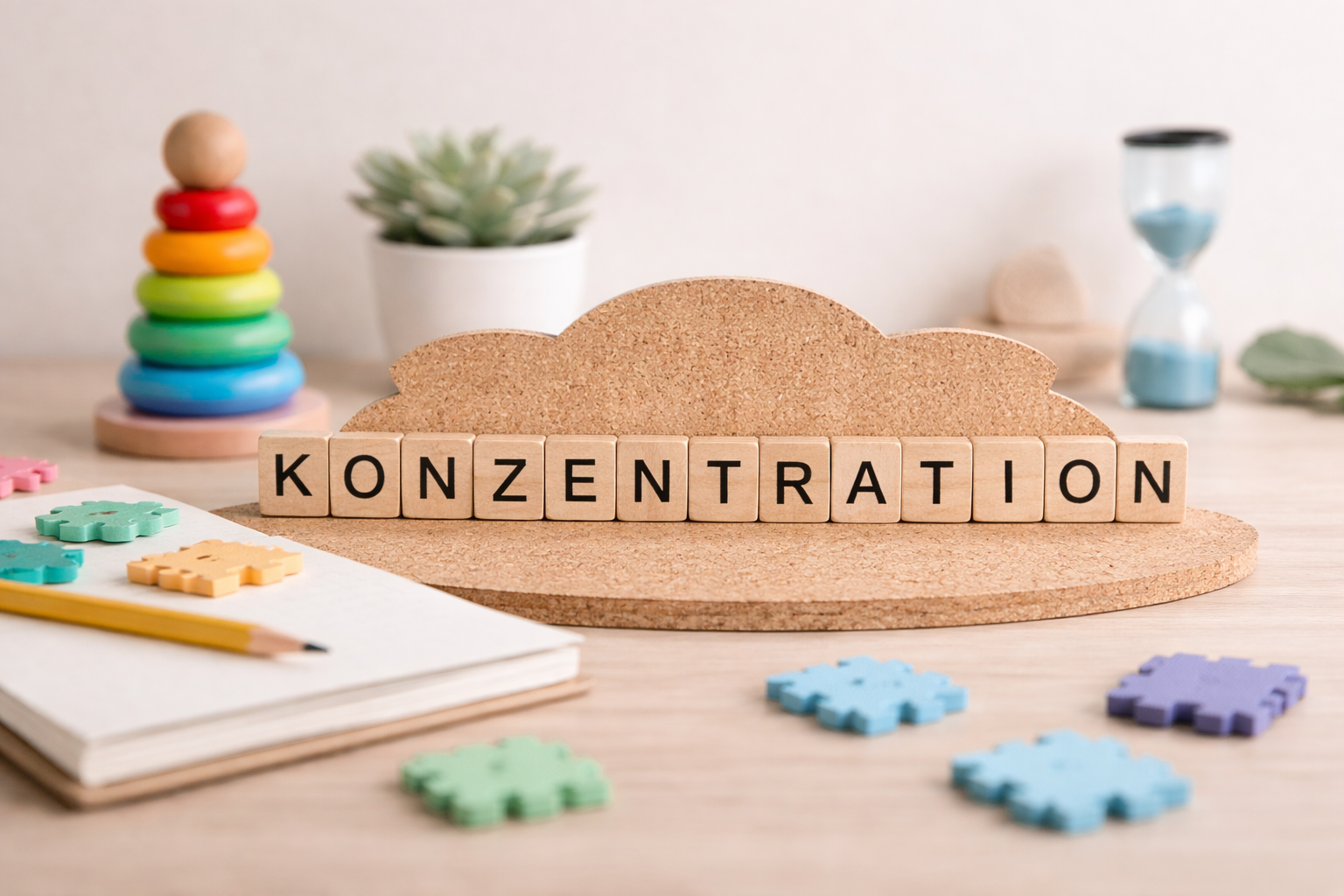 Buchstabenwürfel, die das Wort 'KONZENTRATION' bilden, auf einer runden Korkunterlage, neben bunten Puzzle-Teilen, einem Notizbuch mit Buntstift, Staubspielzeug, eine Topfpflanze, ein Sanduhr und andere Spielzeug auf einem Holztisch.