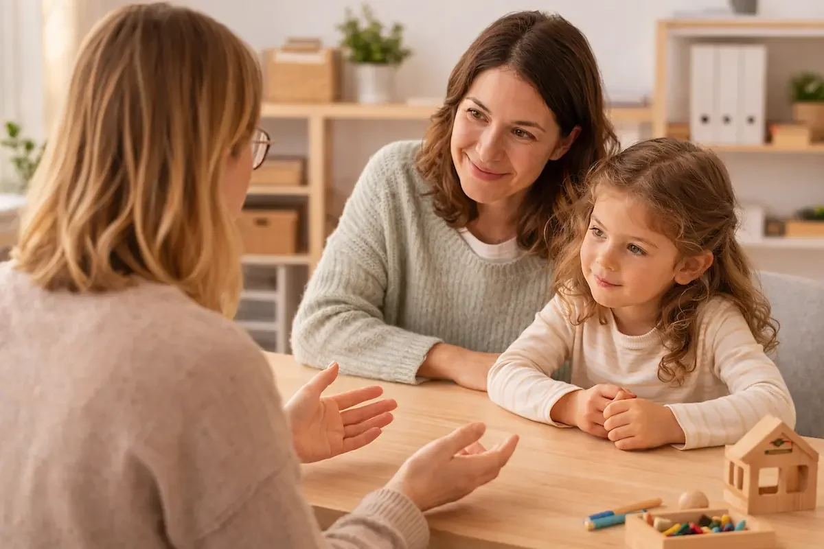 Eine Frau, ein Mädchen und eine andere Frau, die sich unterhalten, sitzen an einem Tisch in einem Wohnzimmer.