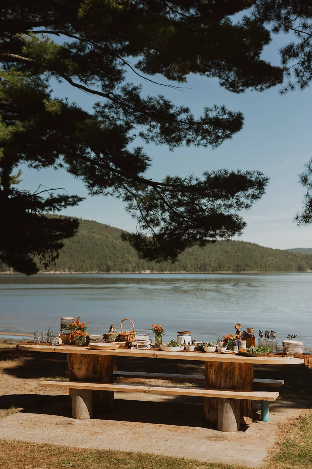 A rustic outdoor picnic table set up by a lake with trees and hills in the background. The table has various dishes, glasses, utensils, and flower arrangements.