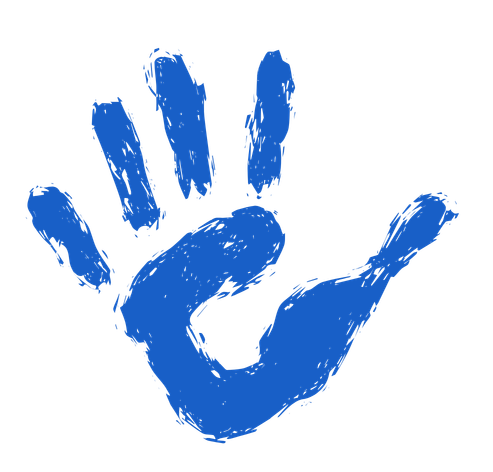 Blue handprint on a black background.