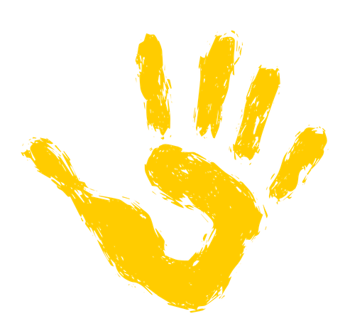 Yellow paint handprint with black background.