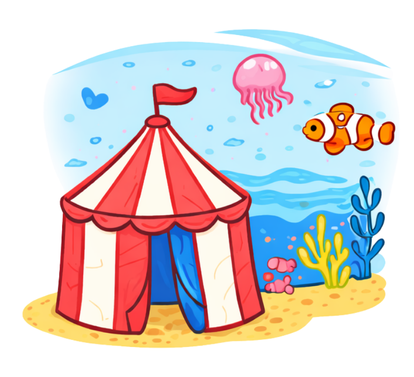 Colorful drawing of an underwater scene with a red and white circus tent, fish, jellyfish, and sea plants.