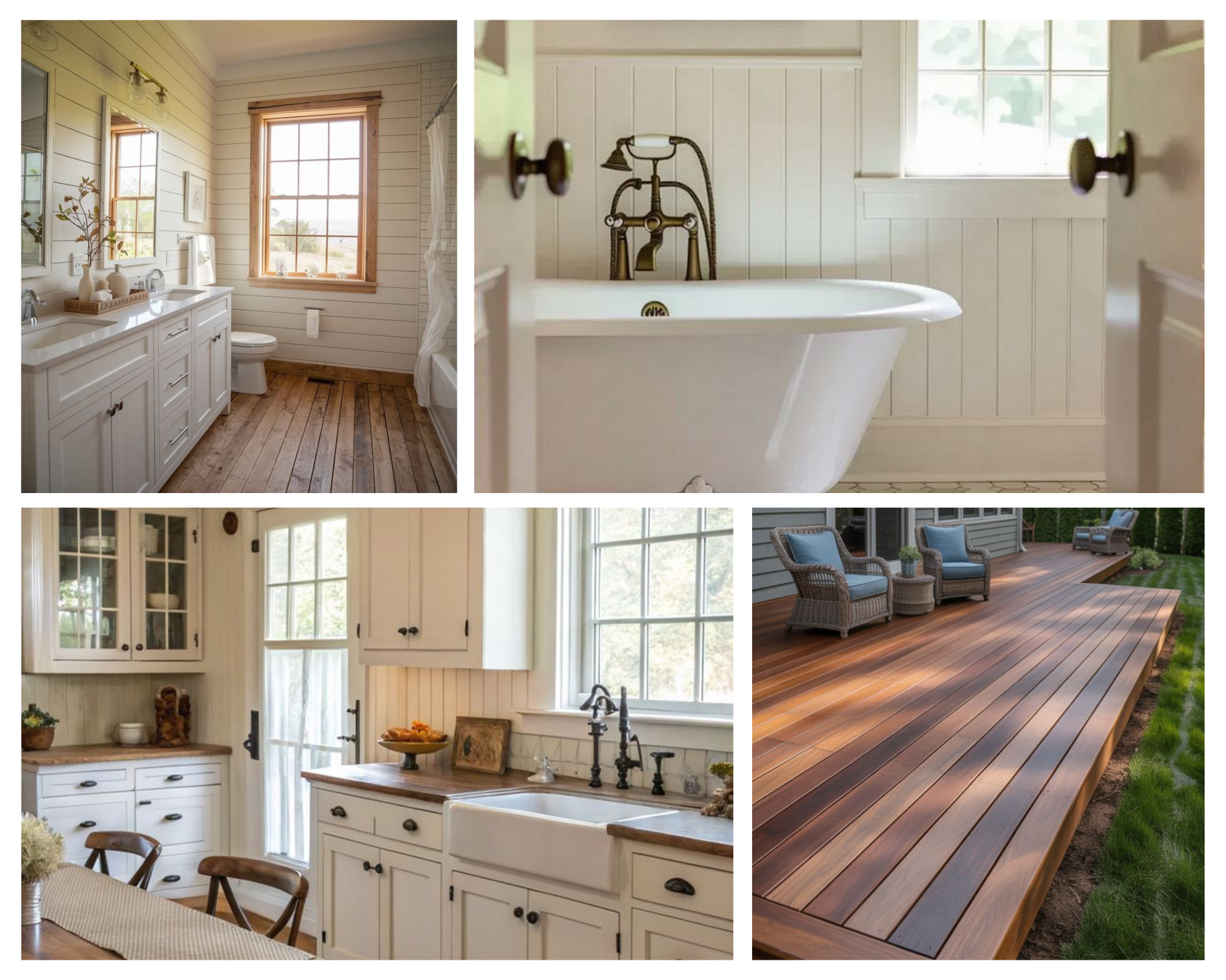 Collage of four images: a bathroom with white cabinetry and wooden floors, a clawfoot bathtub near a window, a vintage kitchen with white cabinets and a wooden countertop, and a wooden outdoor deck with patio furniture.