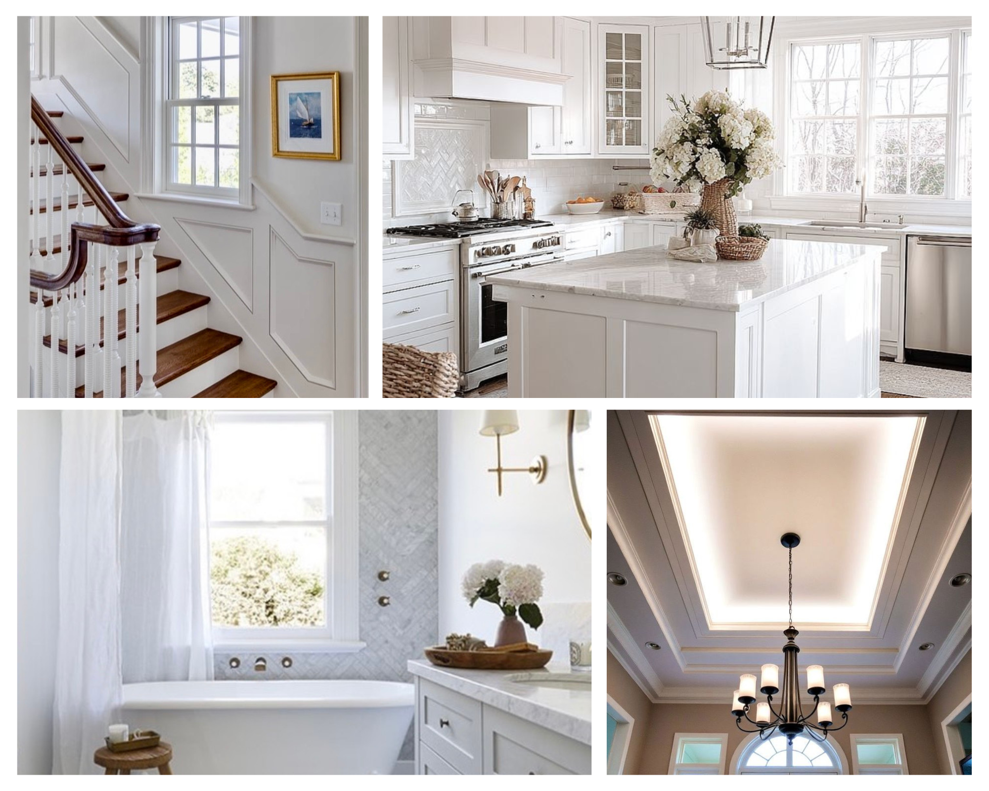 Collage of four images: a staircase with white walls and wooden steps; a bright kitchen with white cabinetry, a marble countertop, and large windows; a bathroom with a bathtub and window, decorated with white curtains and vase of flowers; a ceiling with recessed lighting and a chandelier.