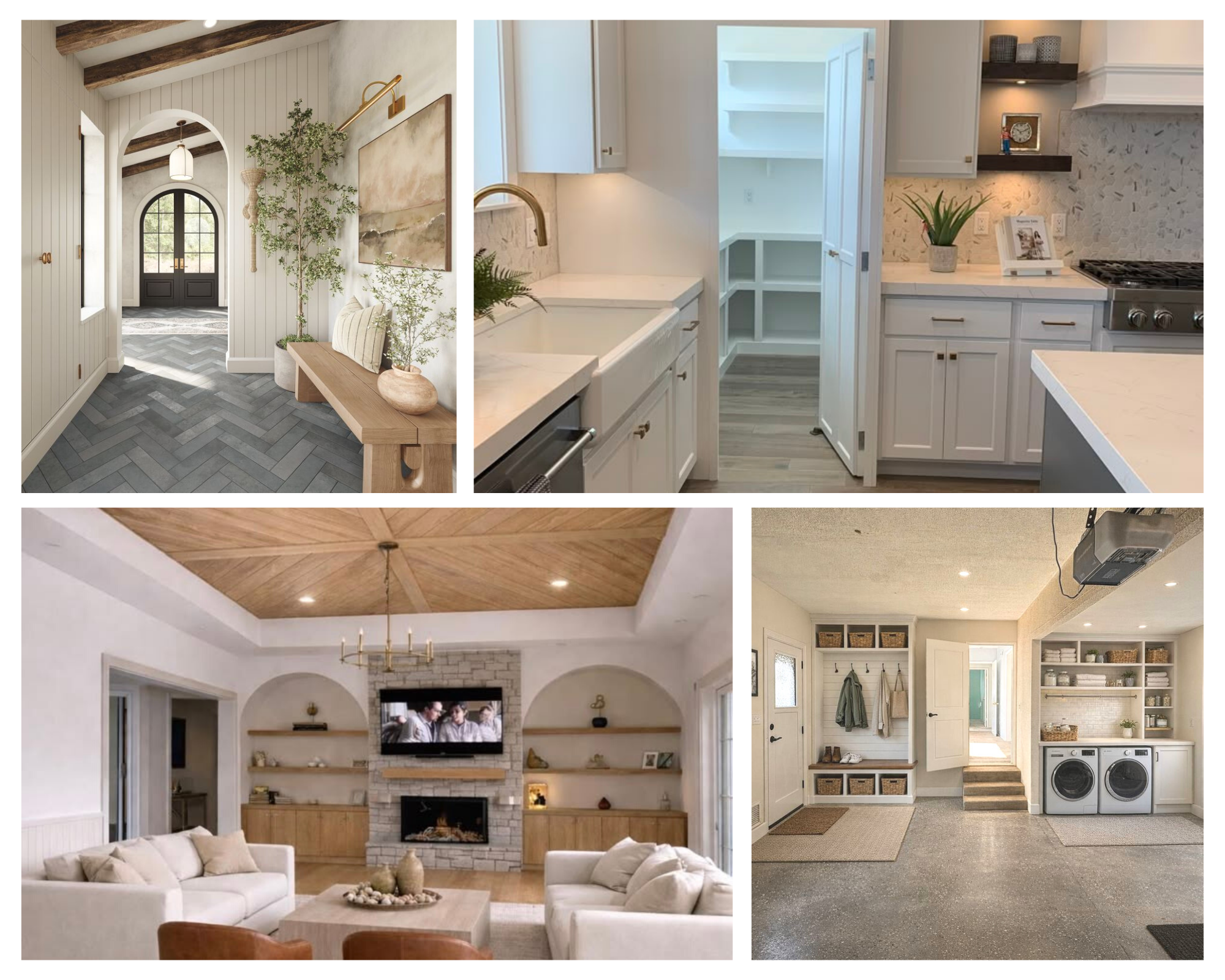 Collage of four interior home spaces including a bright entryway, a modern kitchen, a cozy living room with a fireplace, and a spacious laundry room with washer and dryer.