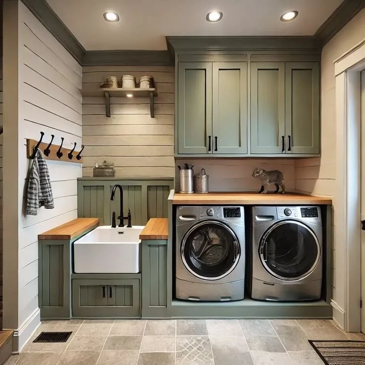 Laundry room with green cabinets, a white farmhouse sink, a wall-mounted shelf, a countertop with household items, a small dog figurine, and a washer and dryer, with tiled flooring and recessed ceiling lights.