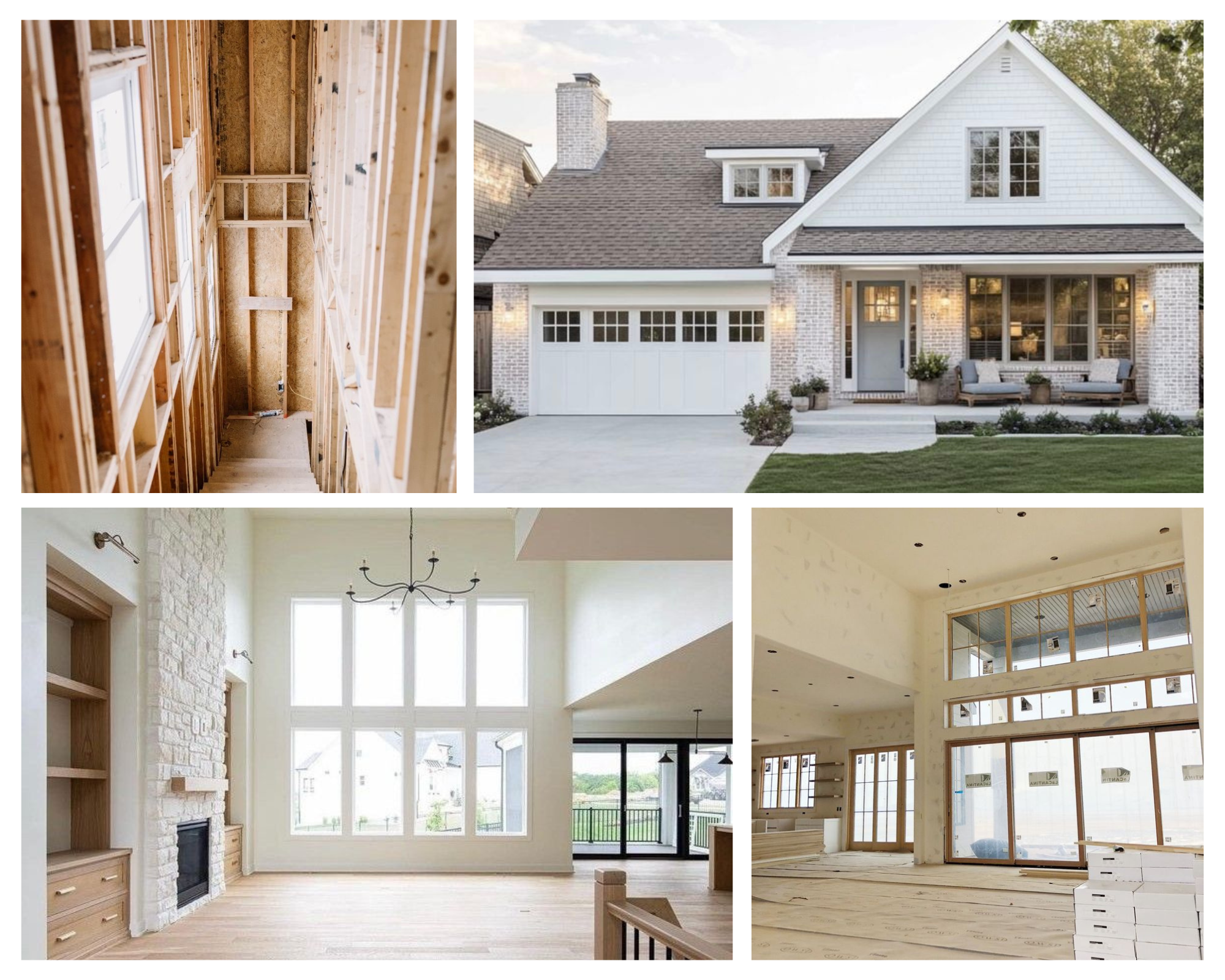 A collage of four images showing a house under construction and renovation. Top left shows unfinished wooden framing of a staircase. Top right displays the exterior of a completed house with a garage, front porch, and landscaped yard. Bottom left depicts a finished living room with large windows, a stone fireplace, and a modern chandelier. Bottom right shows the interior of a room under construction, with exposed framing, drywall, and unfinished floors.