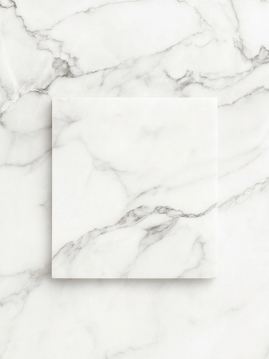 A white marble surface with grey veining and a white marble tile placed on top.