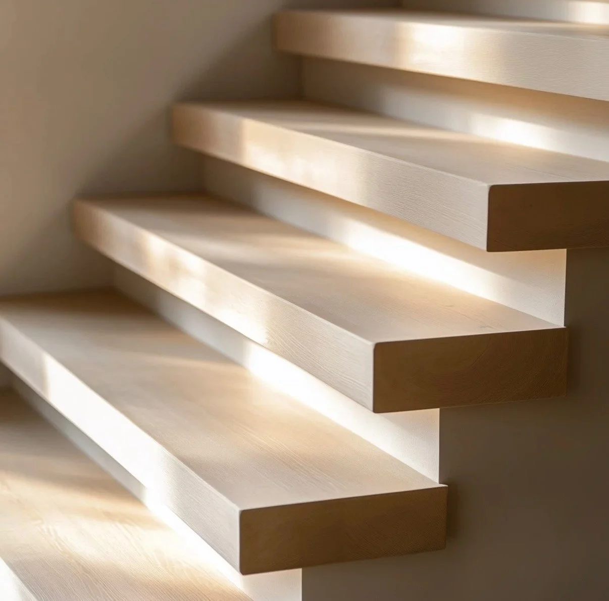 Close-up of wooden stairs with soft sunlight casting shadows on each step.