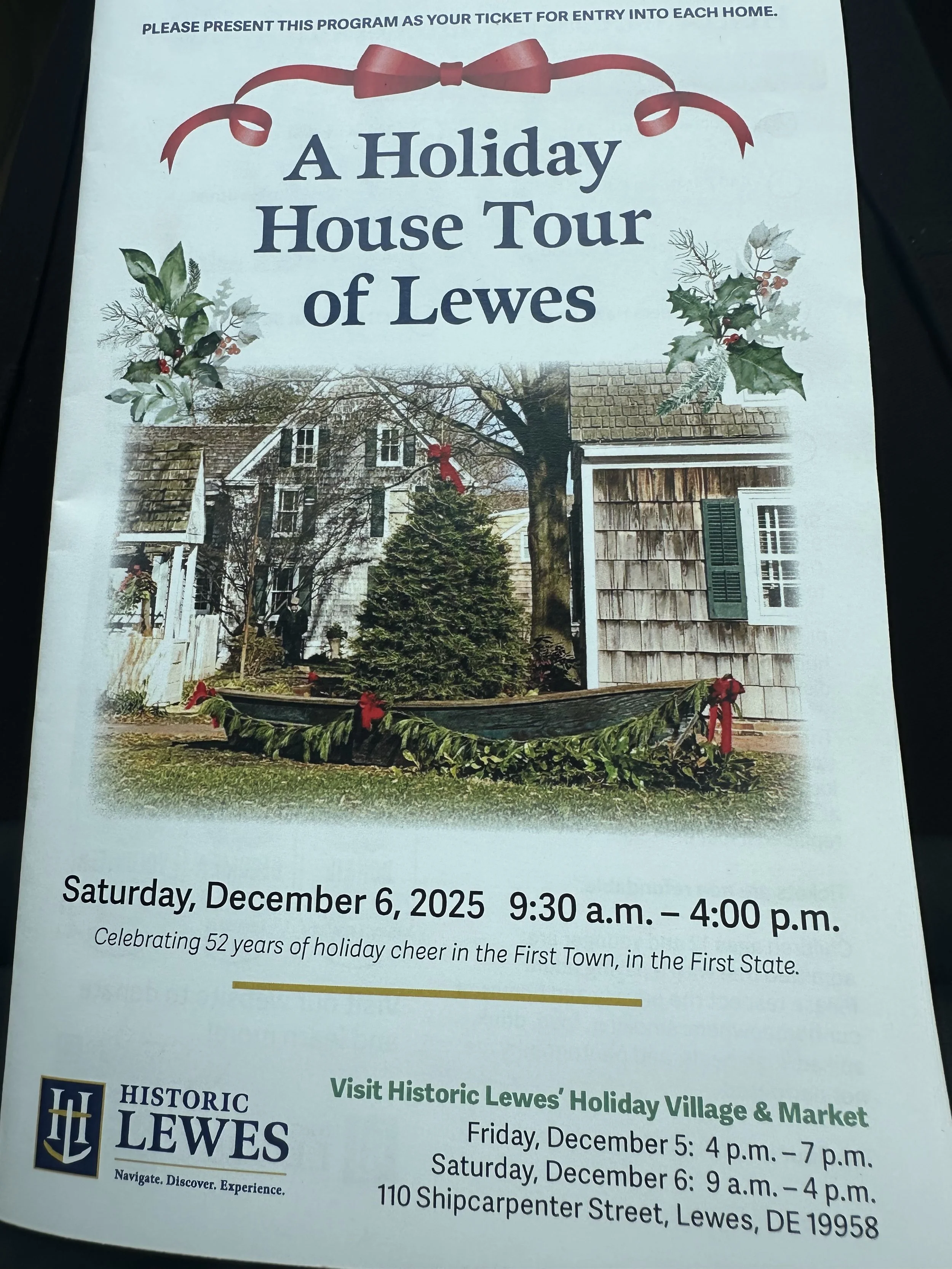 Flyer for a holiday house tour in Lewes on Saturday, December 6, 2025, from 9:30 a.m. to 4:00 p.m., featuring decorated houses and holiday festivities. Includes details for visiting a historic holiday village and market on December 5 and 6.