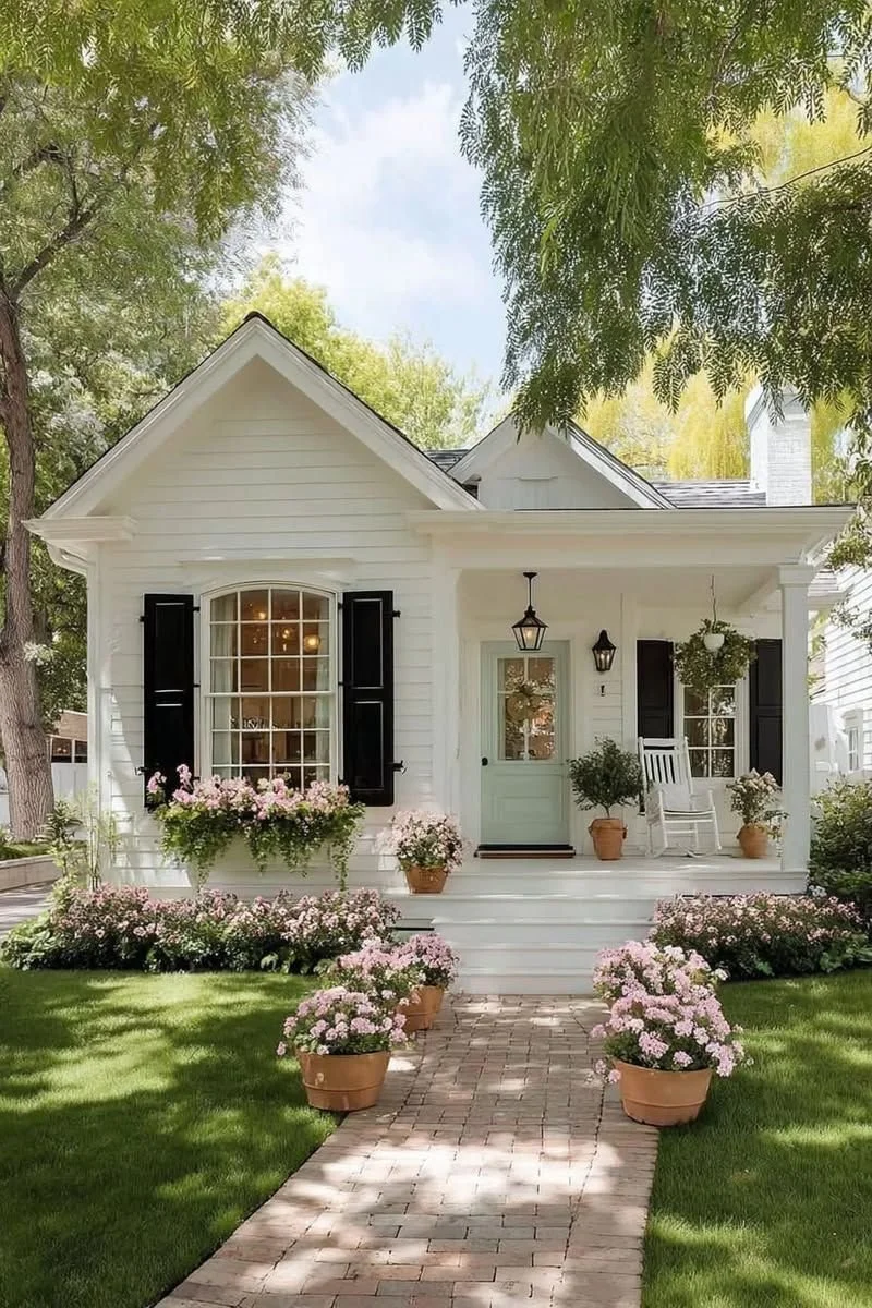 A white house with black shutters, a porch with white stairs, potted pink and white flowers, a rocking chair on the porch, and a brick walkway leading up to the house surrounded by green lawn and trees.