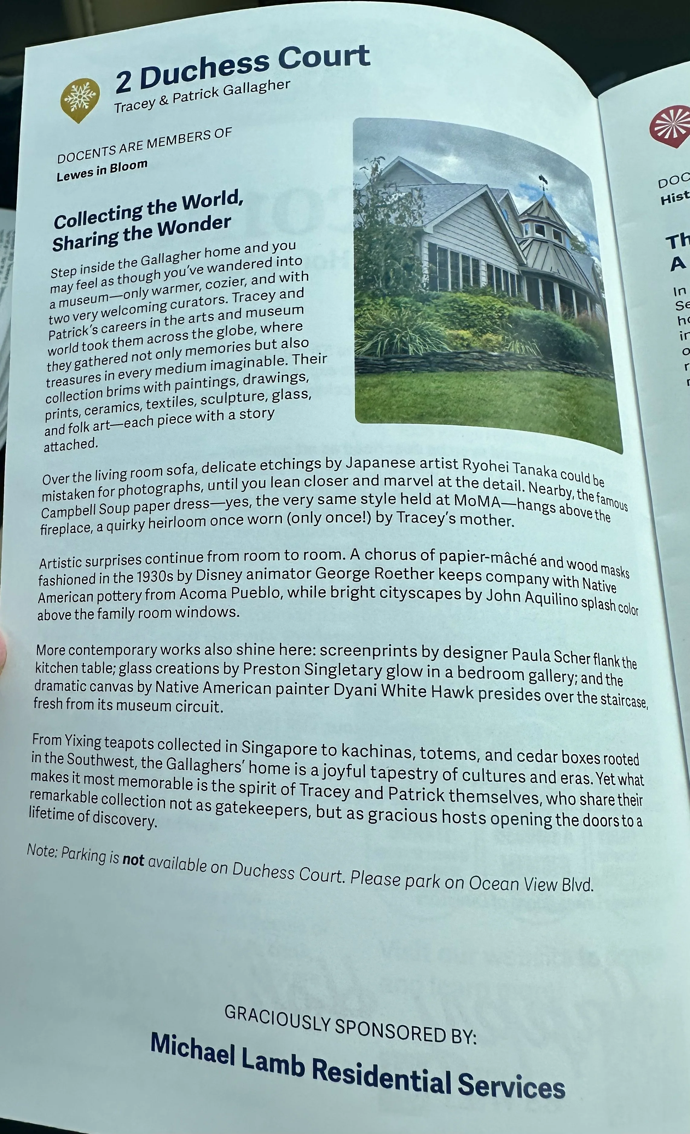 Page describing 2 Duchess Court, a residence decorated with artwork, ceramics, textiles, sculpture, glass, and folk art, with a photo of the house's exterior showing a white house with a large porch and steep roof, surrounded by greenery.