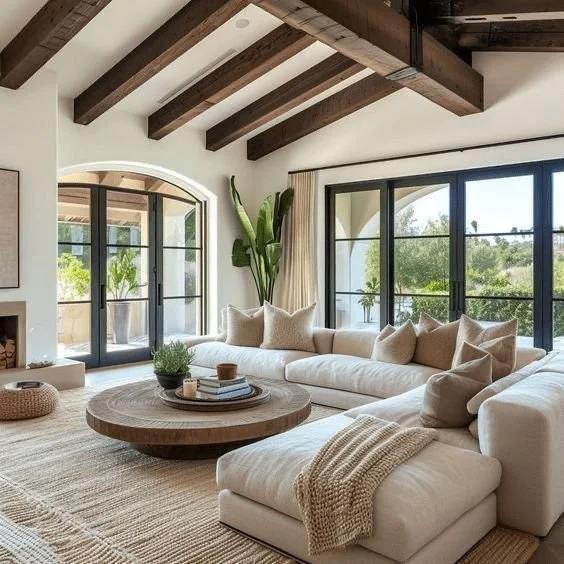 Bright living room with large windows, white sectional sofa with beige pillows, round wooden coffee table, and potted plant in a sunlit home with wooden ceiling beams.