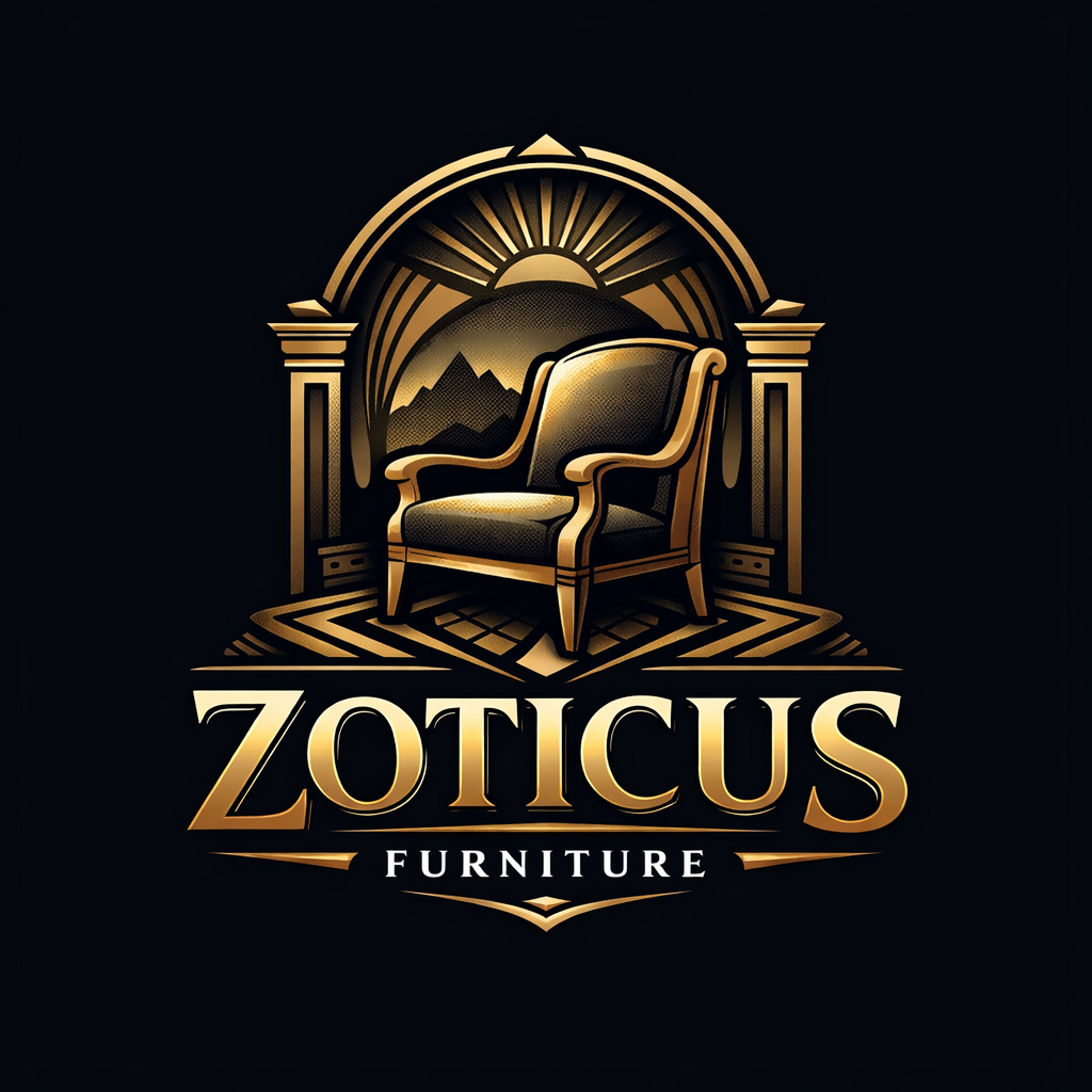 A logo for Zoticus Furniture featuring a black and gold design with a regal armchair, a mountain, and a rising sun in the background.