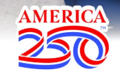 Graphic of the word 'America' with the number 250, featuring red, white, and blue colors, and a patriotic theme.