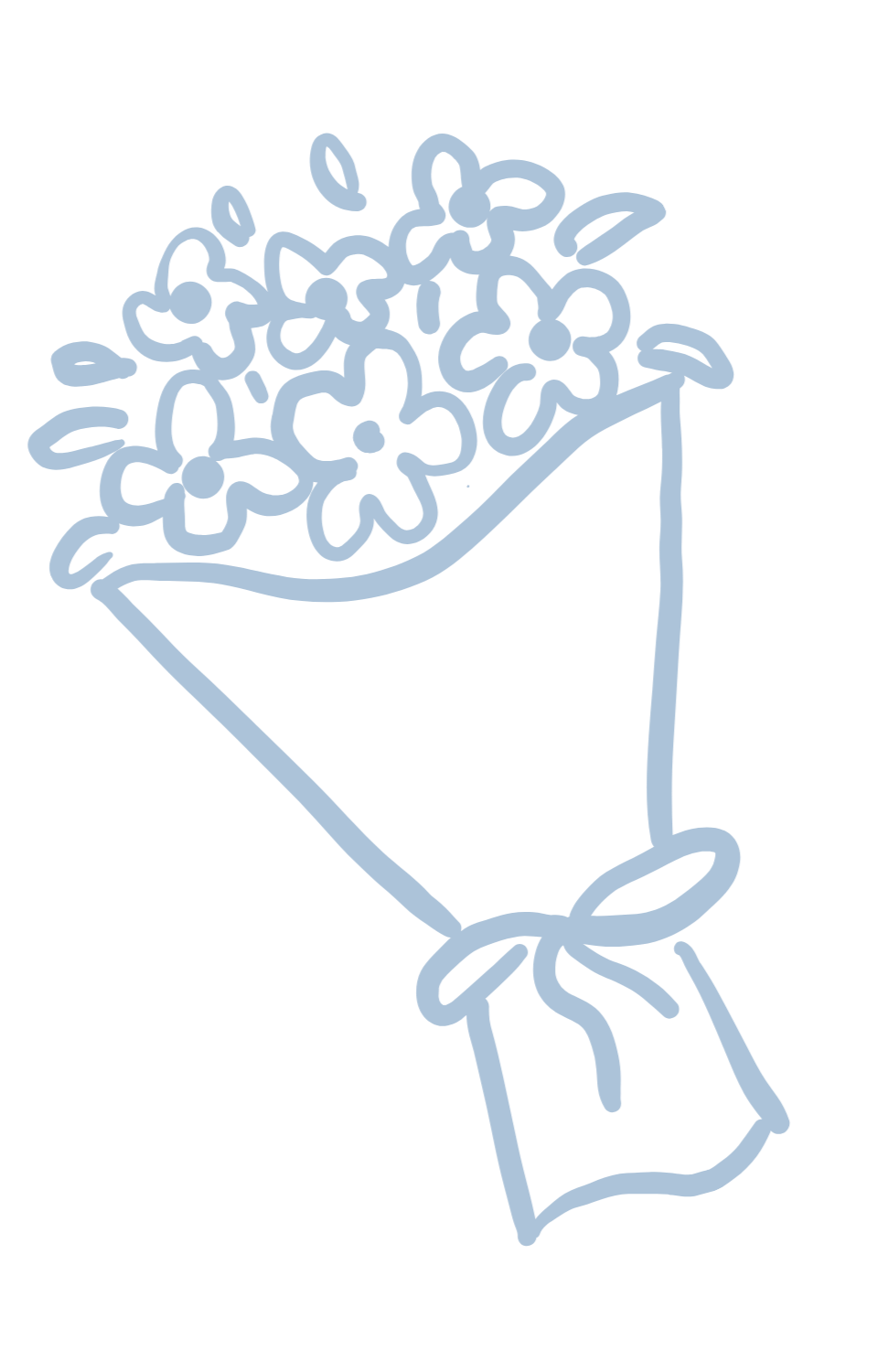 Light blue line drawing of a bouquet of flowers wrapped in paper with a ribbon.