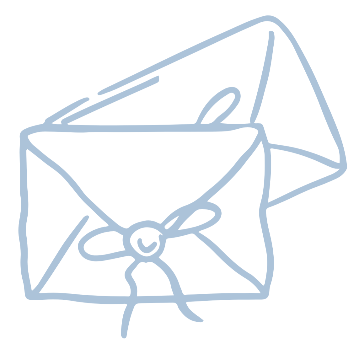 A light blue line drawing of two closed envelopes tied with a ribbon.