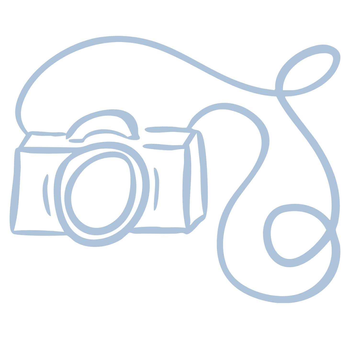 Line drawing of a camera with a strap.