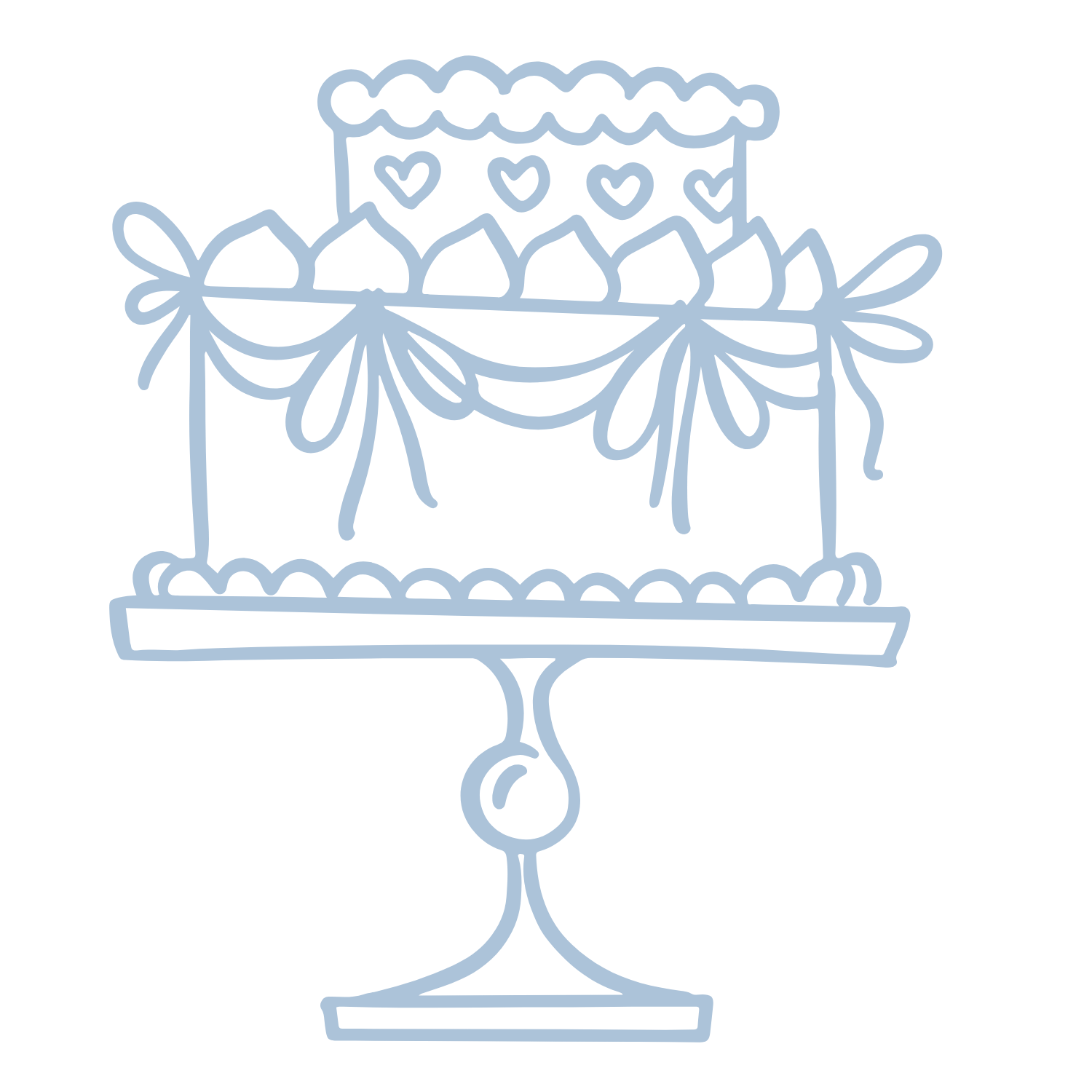 Outline drawing of a decorated birthday cake on a pedestal cake stand.