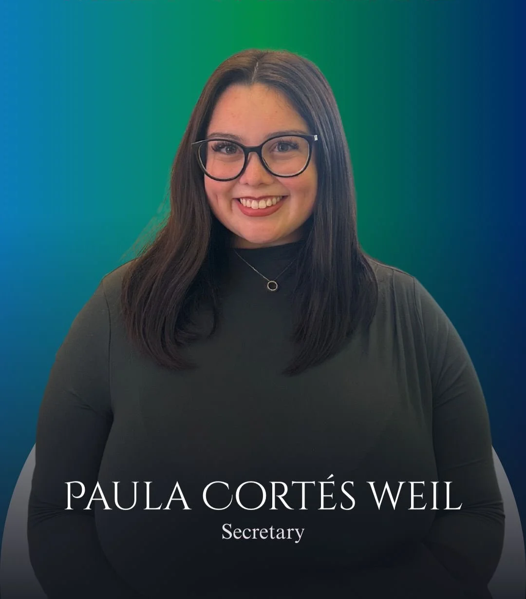 Portrait of a woman with dark hair, glasses, and a black turtleneck, smiling, with a colorful gradient background. Text overlay: 'Paula Cortés Weil, Secretary.'