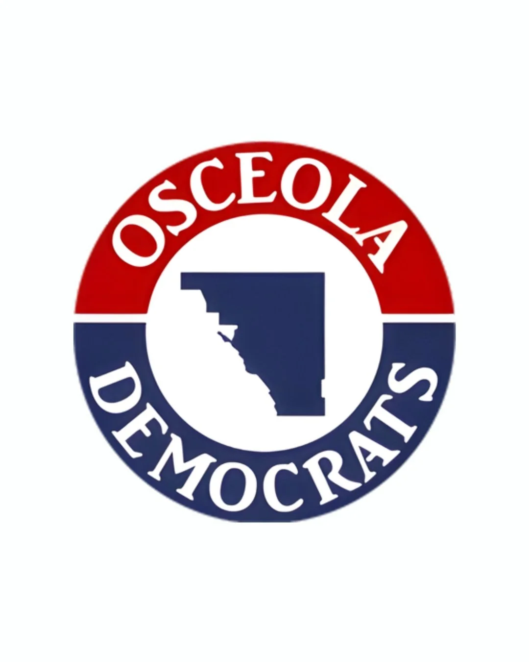A circular logo with the words "OSCEOLA DEMOCRATS" in red and blue, surrounding a navy blue silhouette of the state of Florida on a white background.