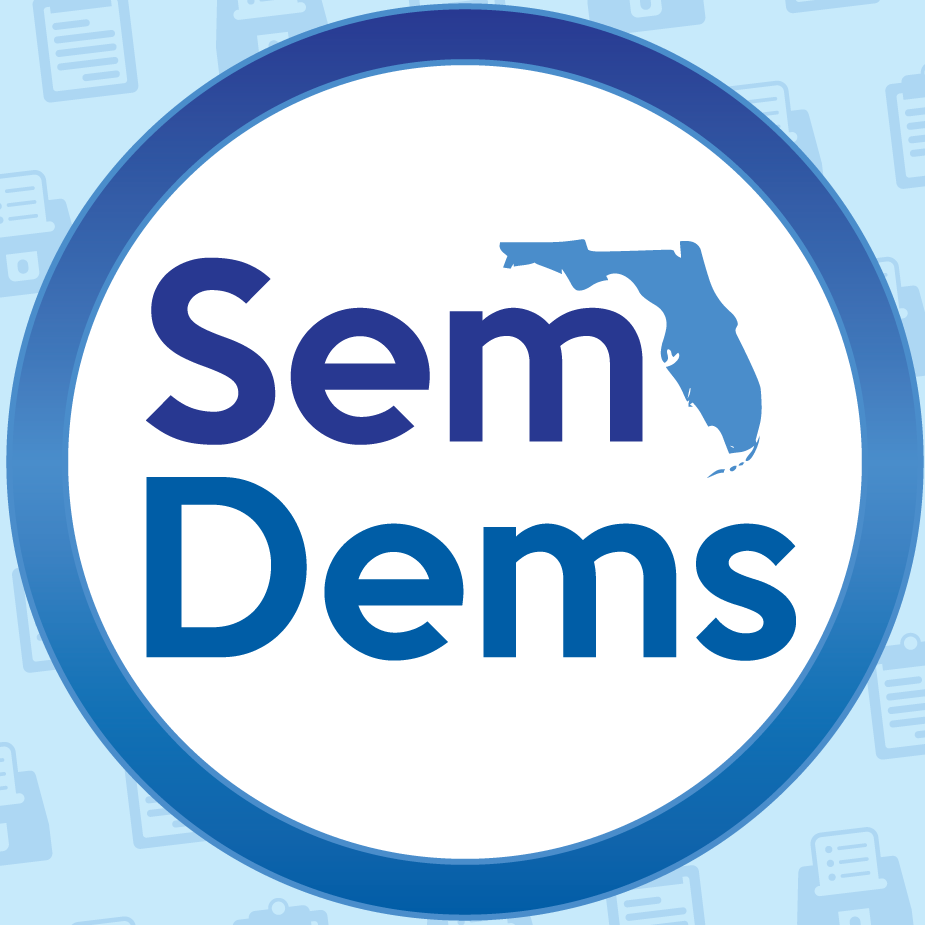 A circular logo with a blue border, containing the words "Sem Dems" and an outline of the state of Florida.