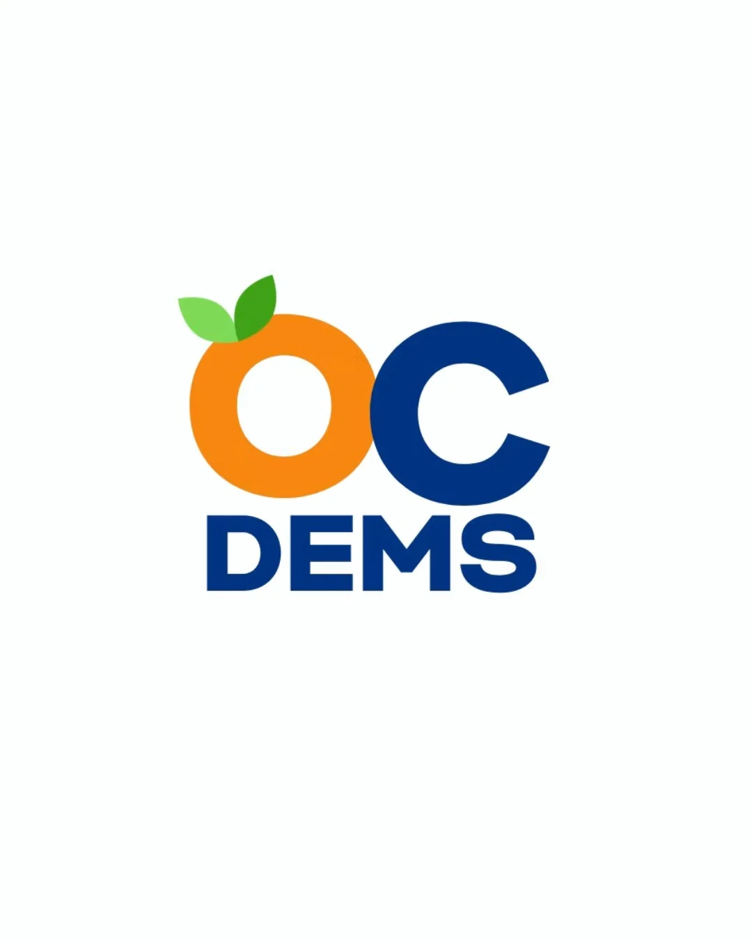 Logo of OC Democrats featuring an orange with two green leaves and the text 'OC DEMS' in bold blue letters.